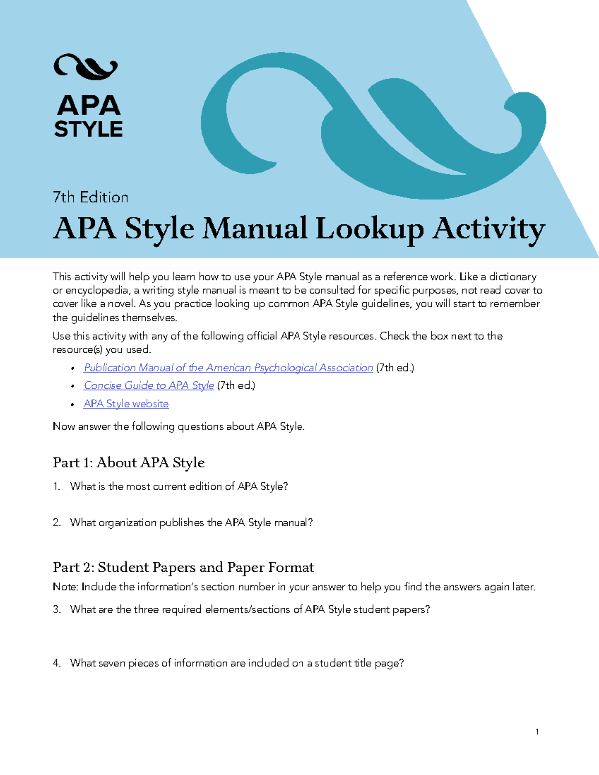APA Style Manual Lookup Activity (7th Edition) - Studocu