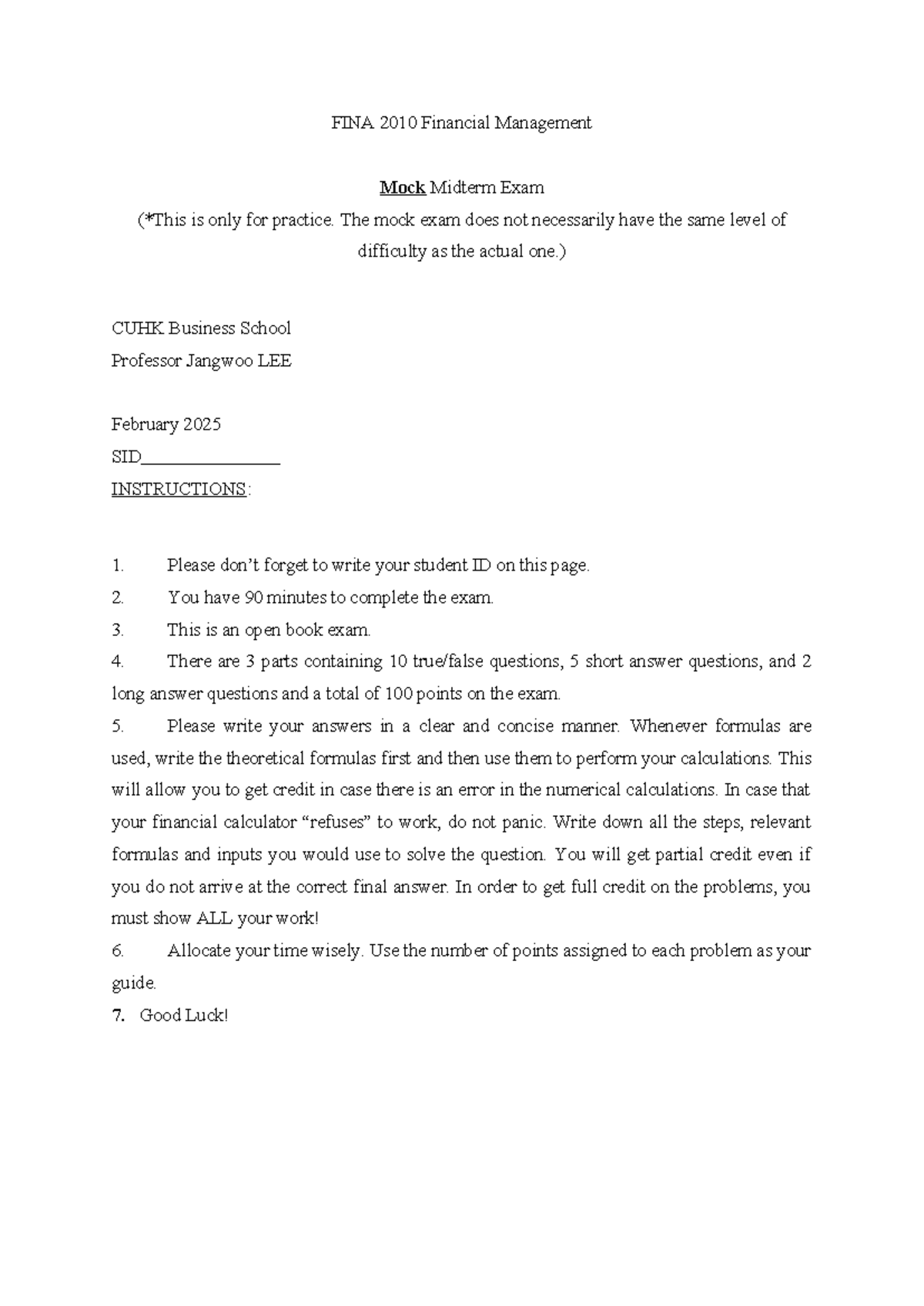 Mock Midterm Exam Q&A for FINA 2010: Financial Management - Studocu
