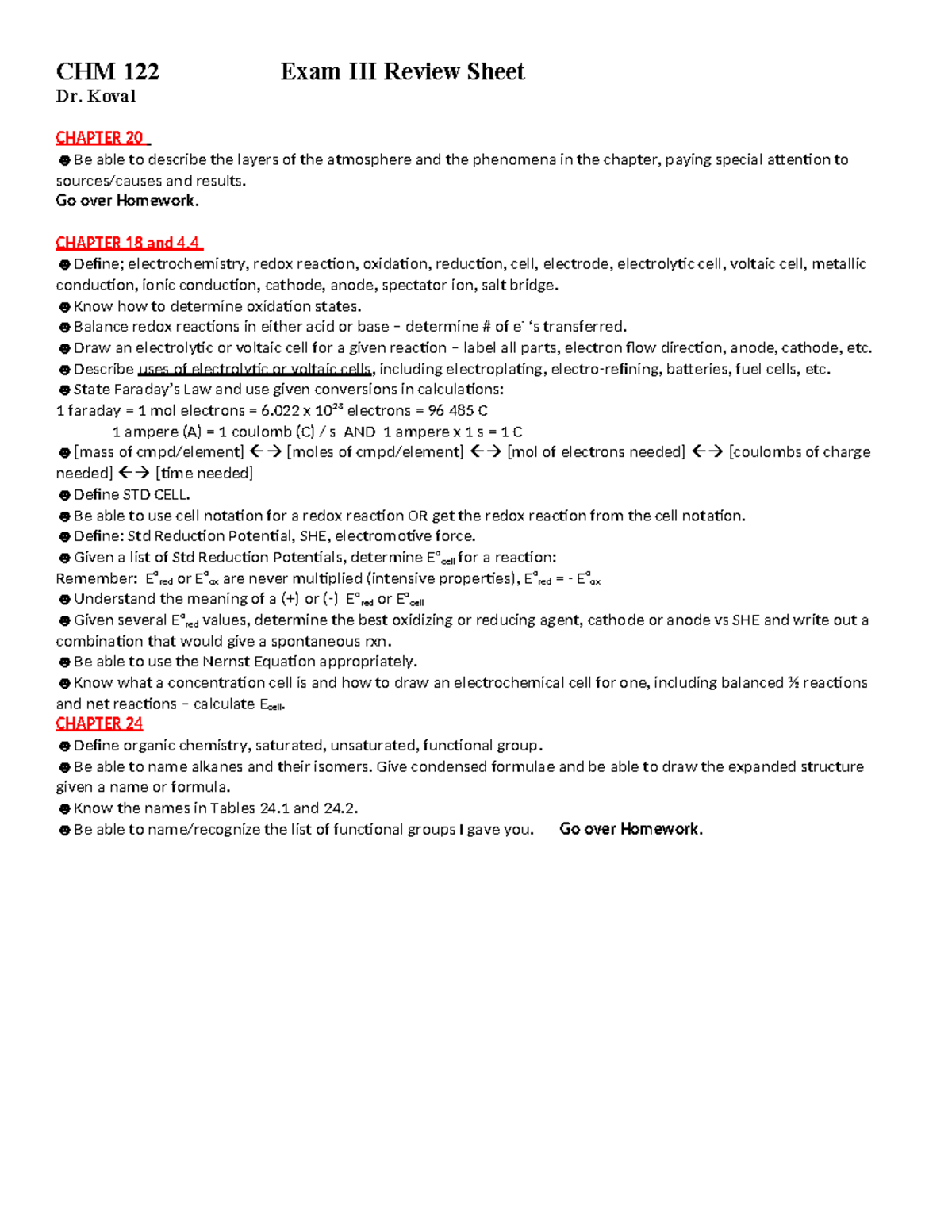 CHM 122 Final Exam Review Sheet for Chapters 18, 20, and 24 - CHM 122 ...