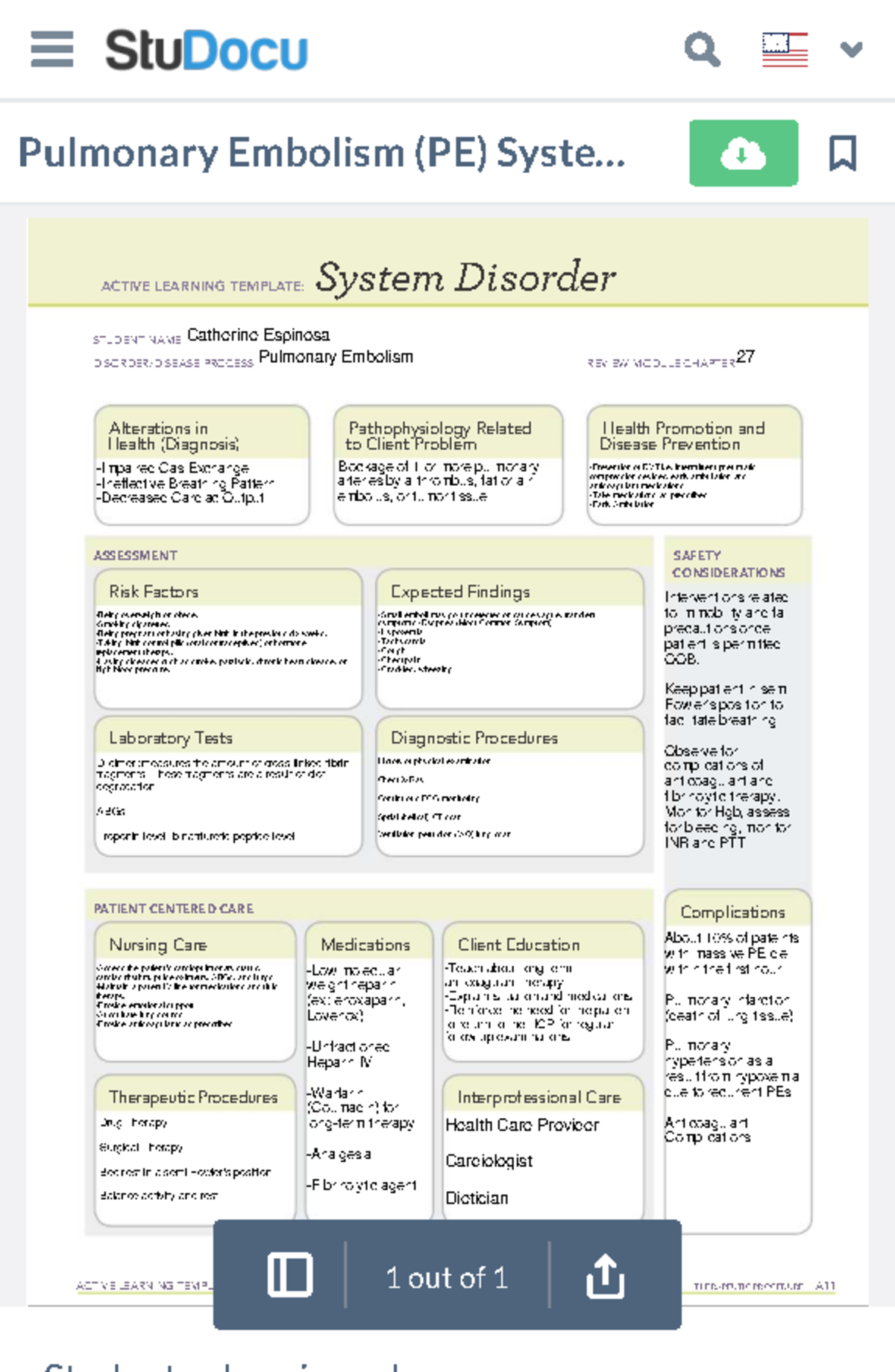 Pulmonary Embolism (PE) Active Learning Template - FON101 - Studocu
