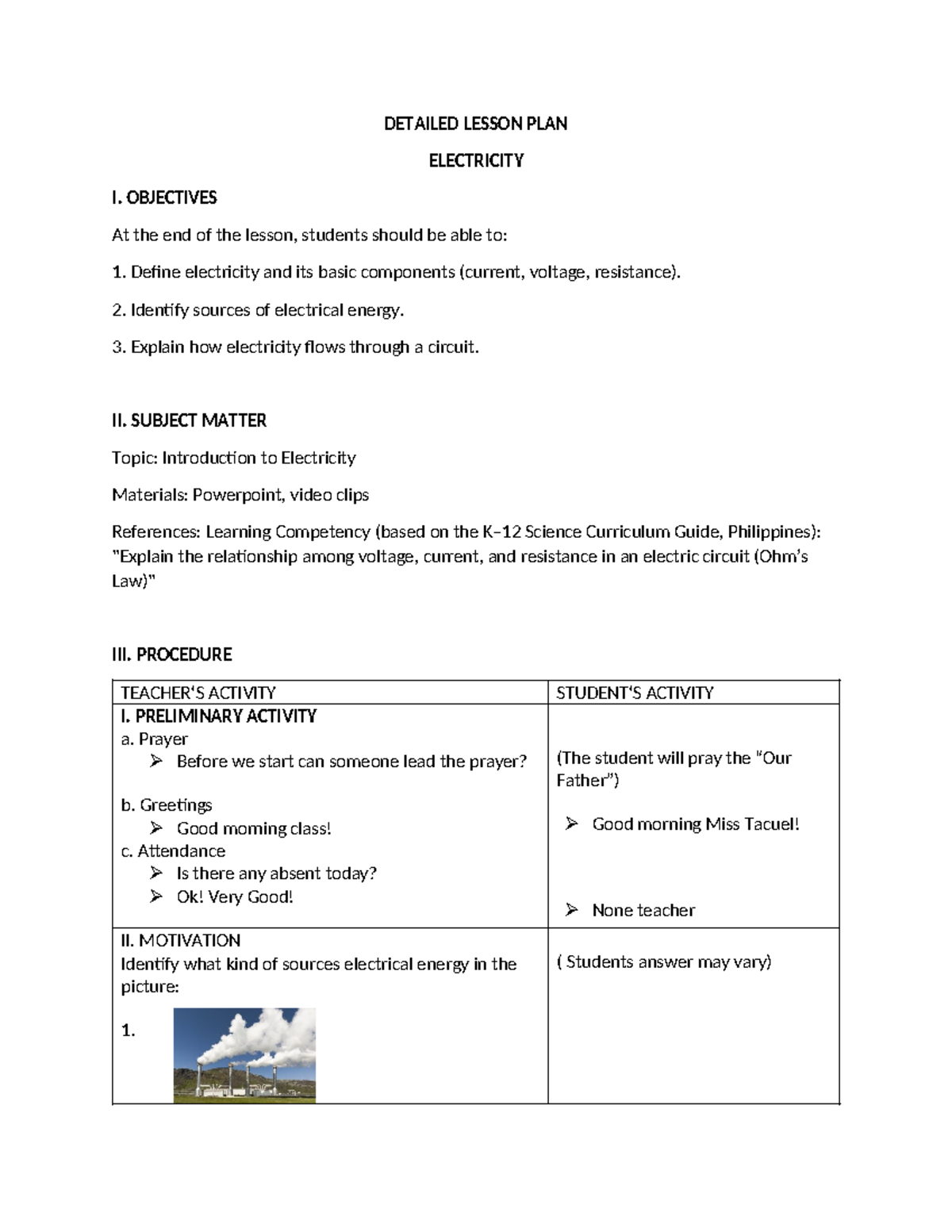Detailed Lesson Plan: Introduction to Electricity (Science 101) - Studocu