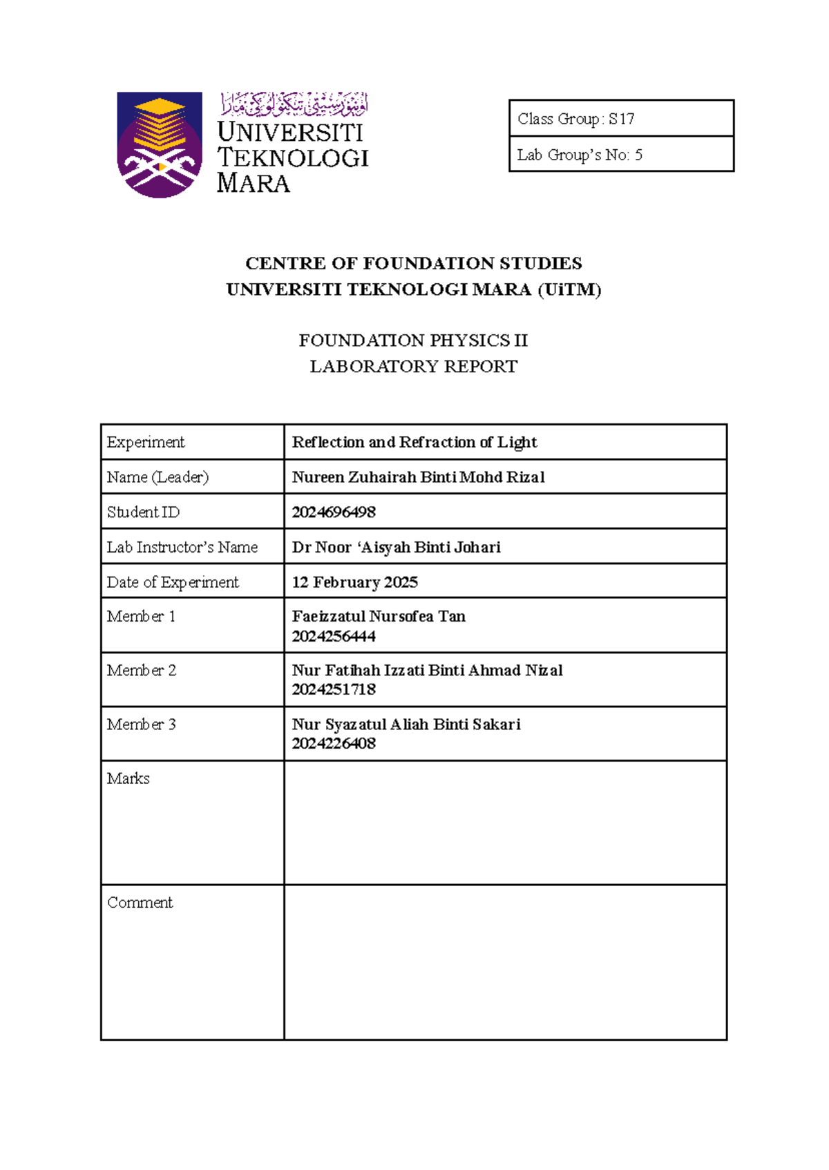 S17 PHY Lab Report: Reflection & Refraction of Light Experiment - Studocu
