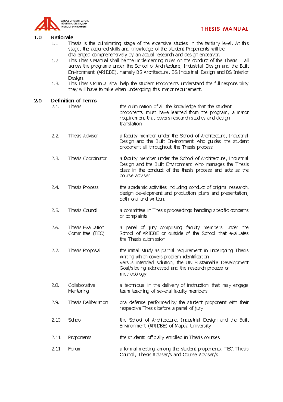 Thesis Manual 1.0: Guidelines for ARIDBE Programs 2024 - Studocu