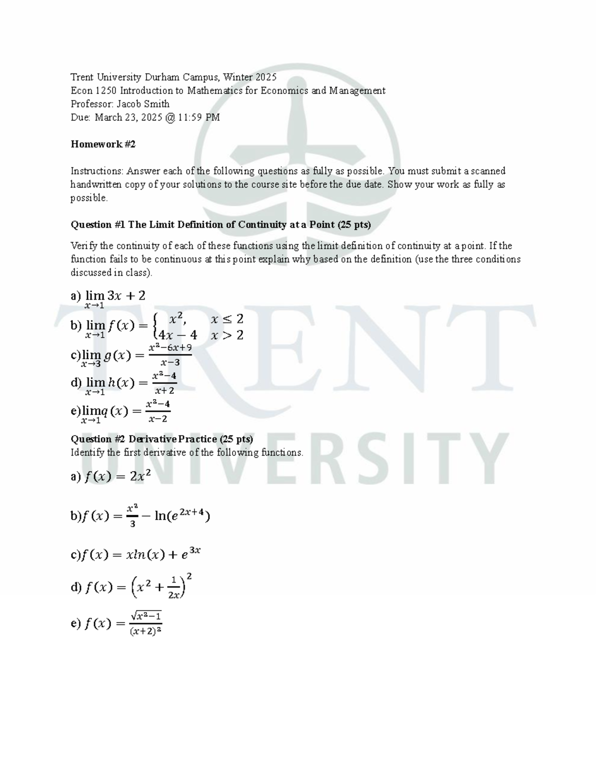 Econ 1250 Homework #2 - Continuity and Derivatives Practice Exam - Studocu