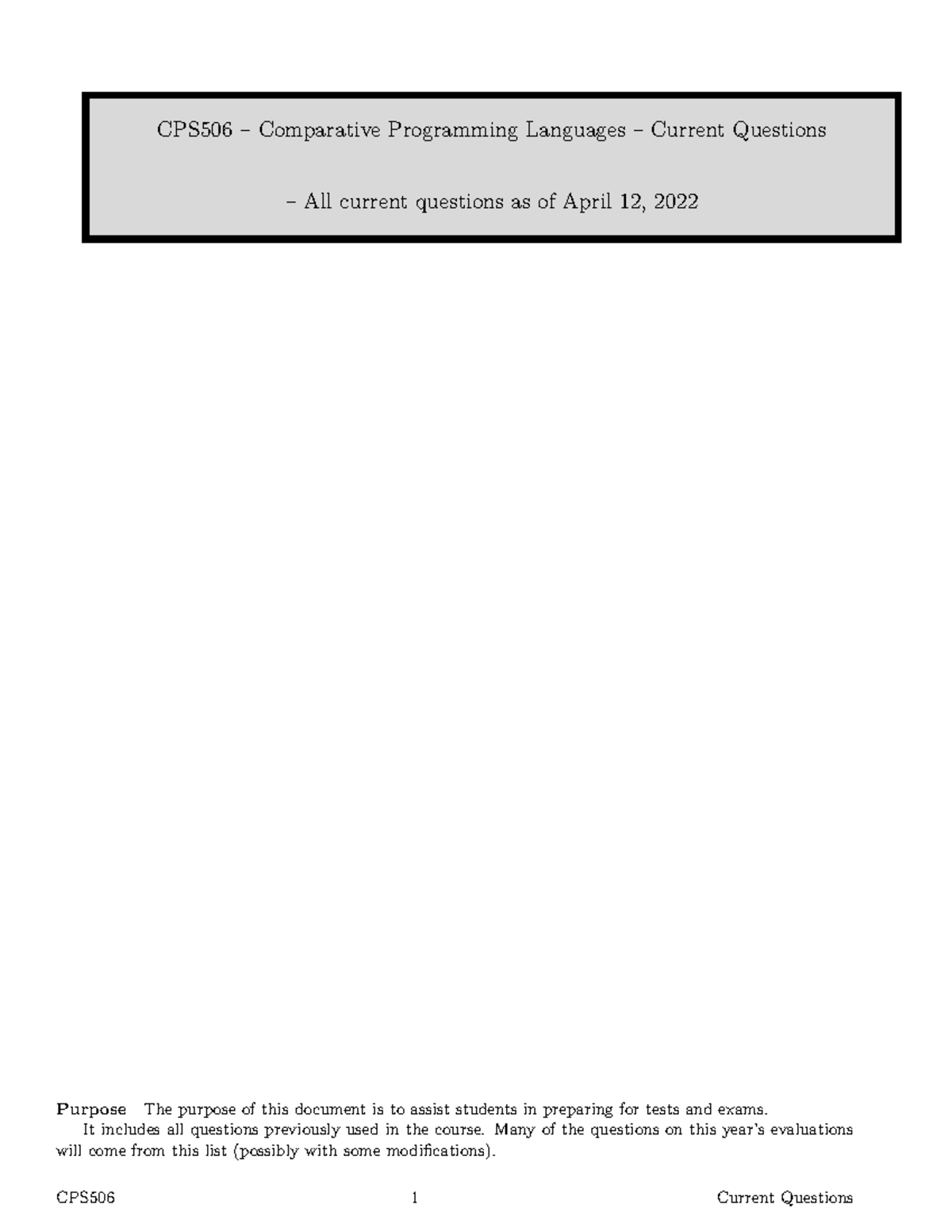 CPS506 - Current Questions for Comparative Programming Languages - Studocu