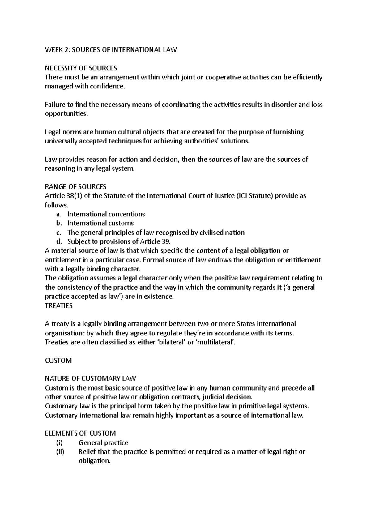 WEEK 2 - Summary of Sources of International Law Concepts - Studocu