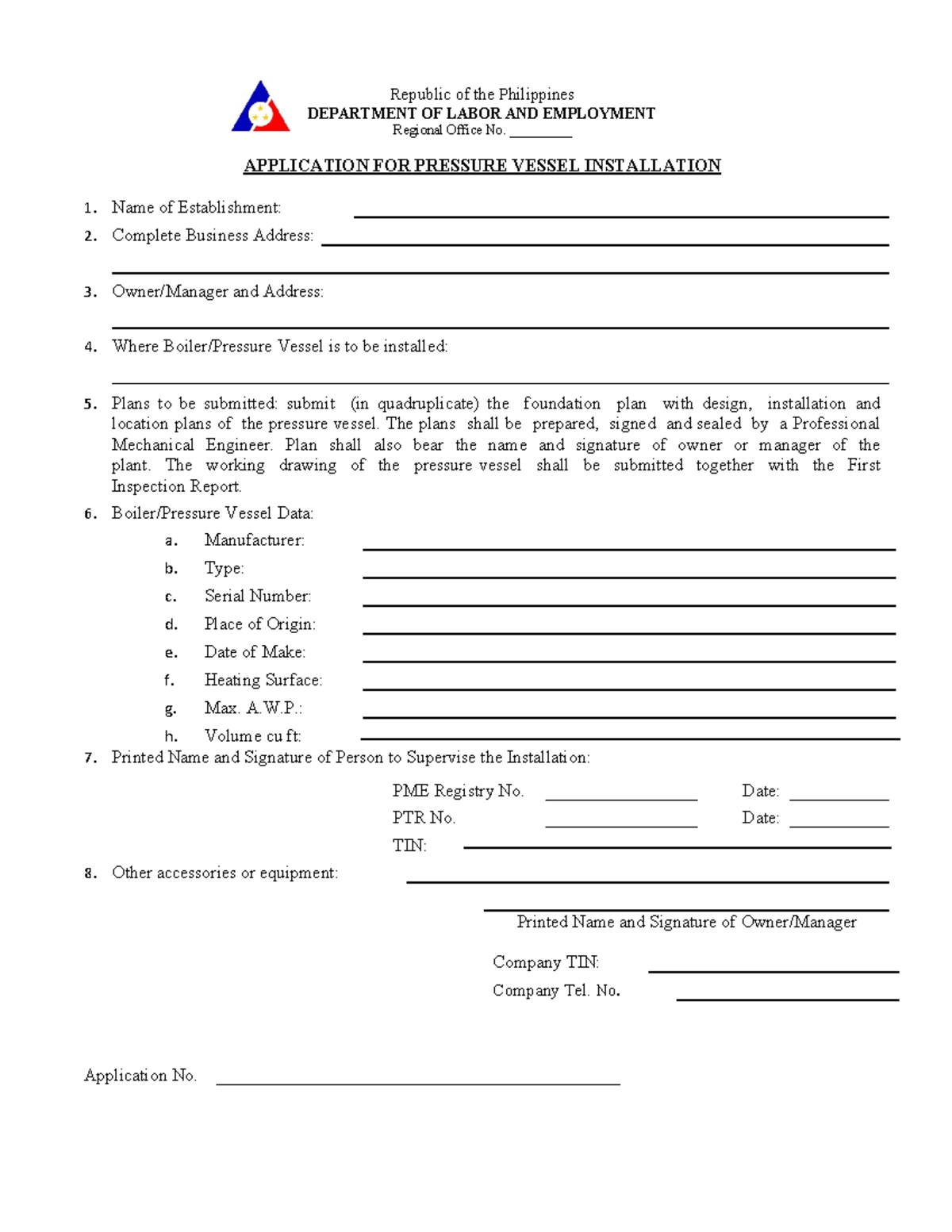 Application for Pressure Vessel Installation - DOLE Form - Studocu