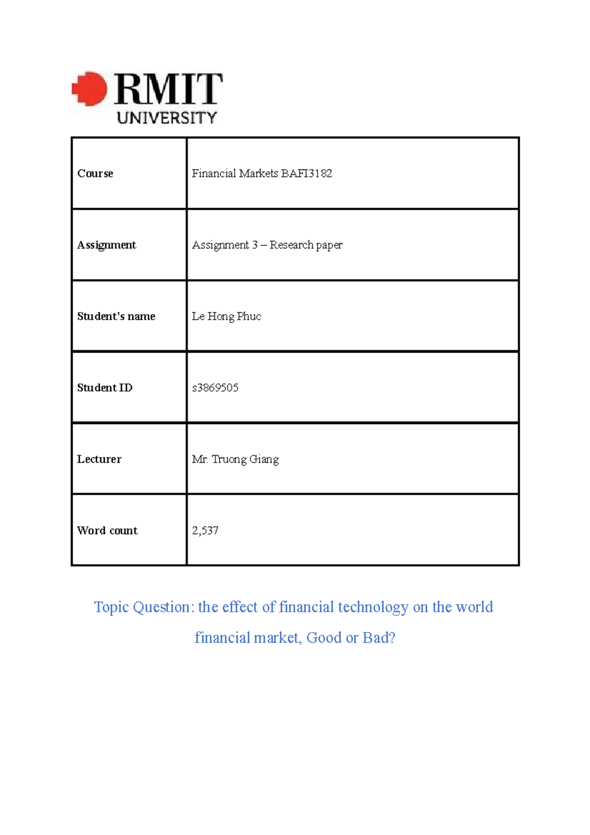 Individual research project assignment 3 (50%) - Financial Market ...