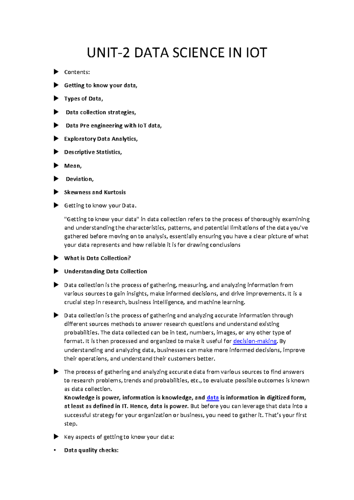 Unit-2: Data Science in IoT - Comprehensive Notes - Studocu