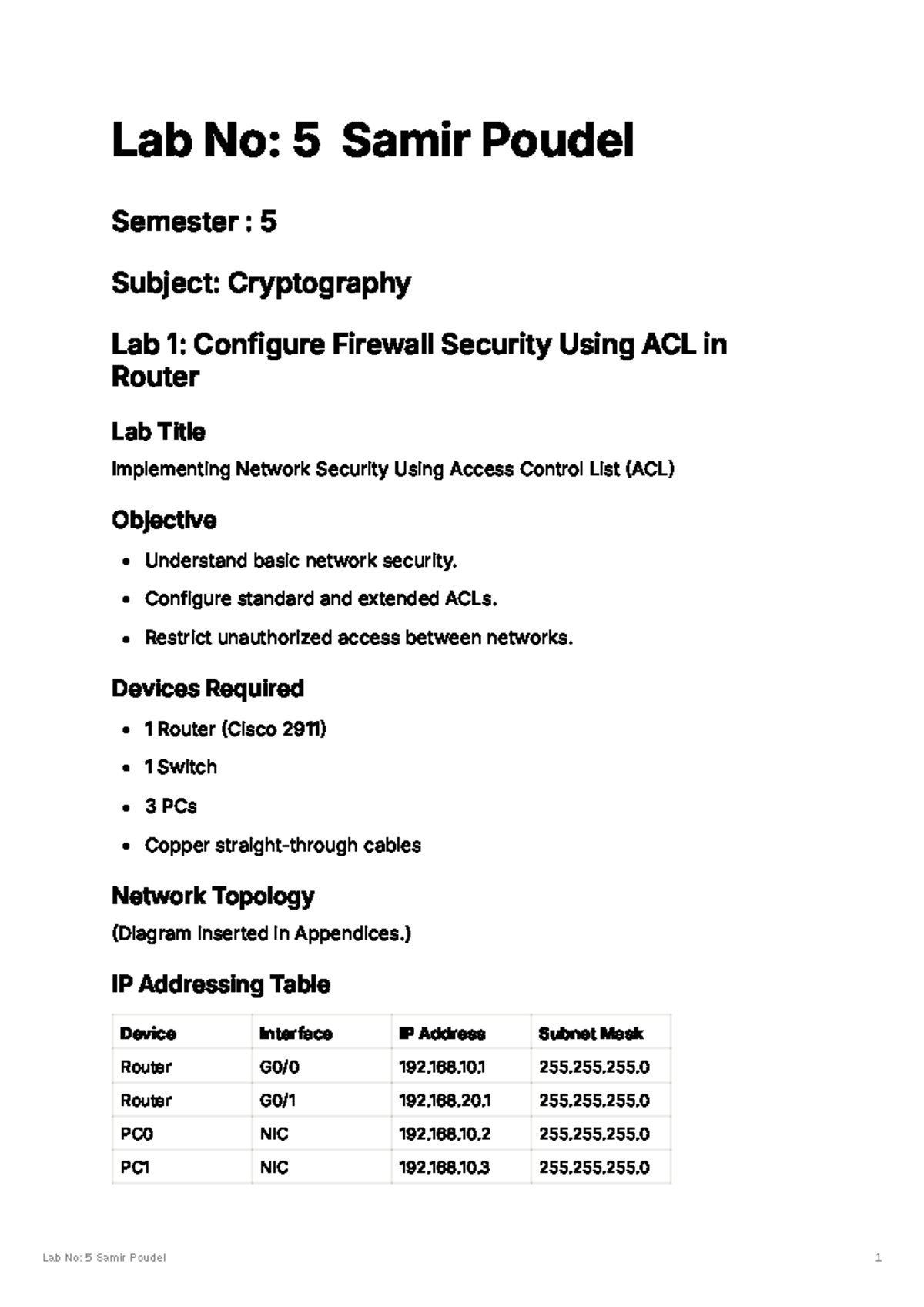 Lab 5: Implementing Network Security with ACL & Port Security (Hlel0000 ...