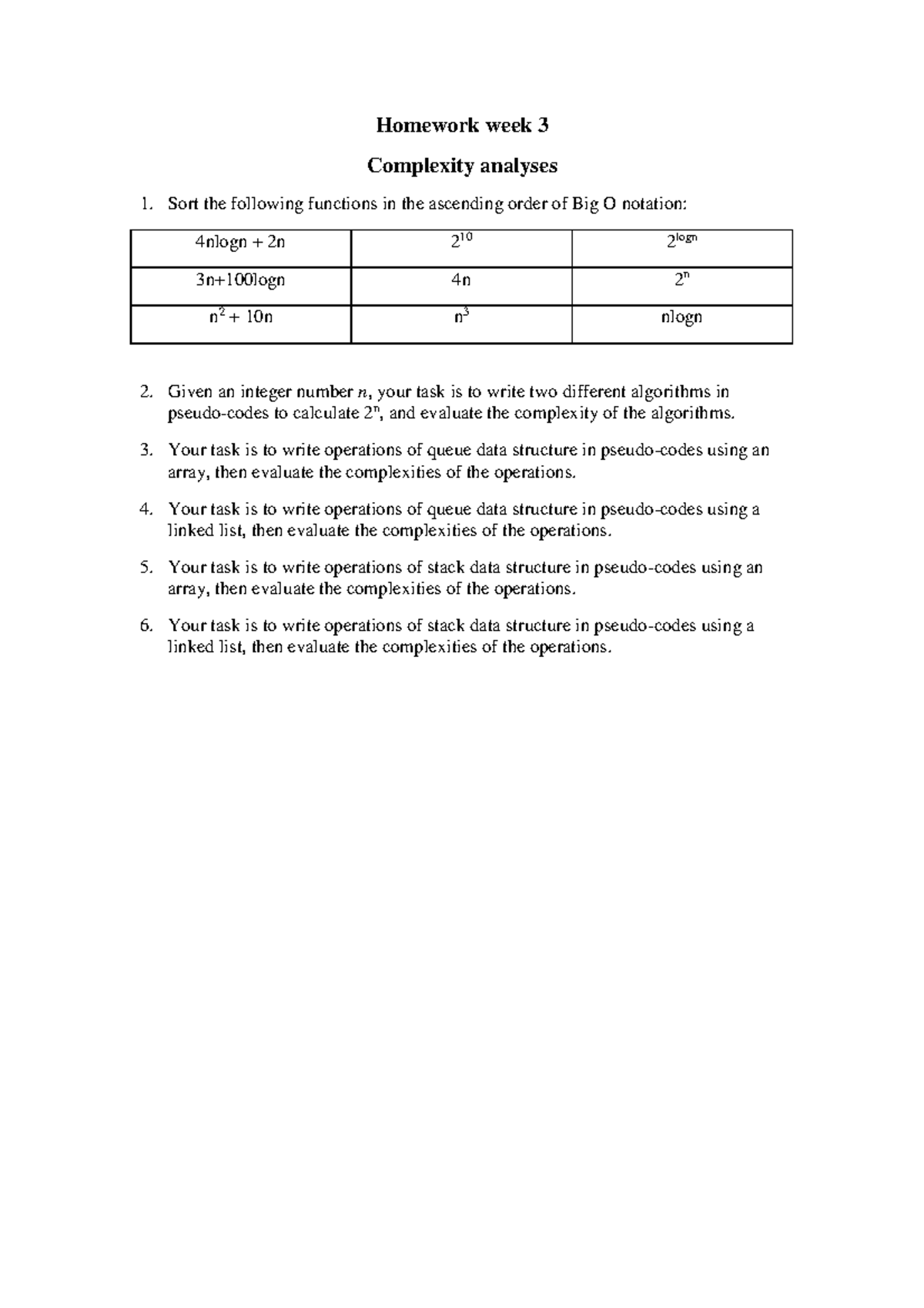 Lect3 Assignments - vip - Homework week 3 Complexity analyses Sort the ...