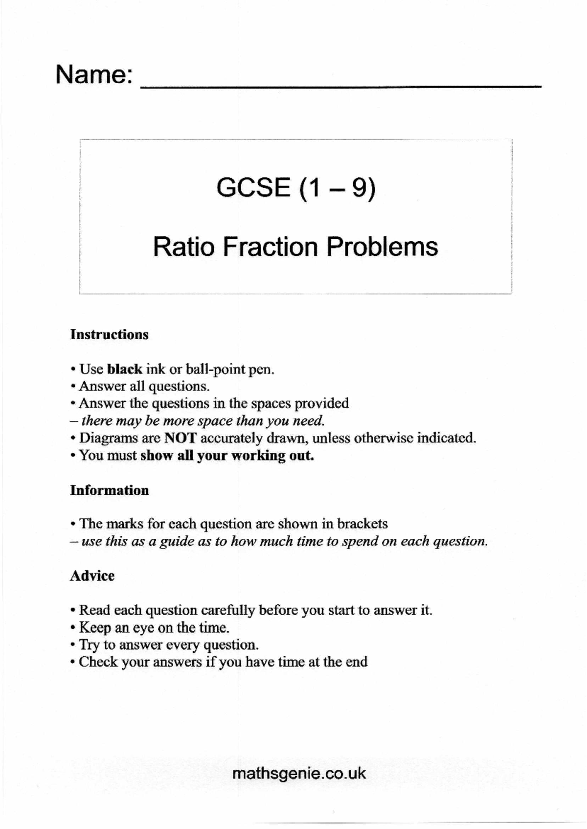 GCSE (1 9) Ratio and Fraction Problems - Answer Key - Studocu