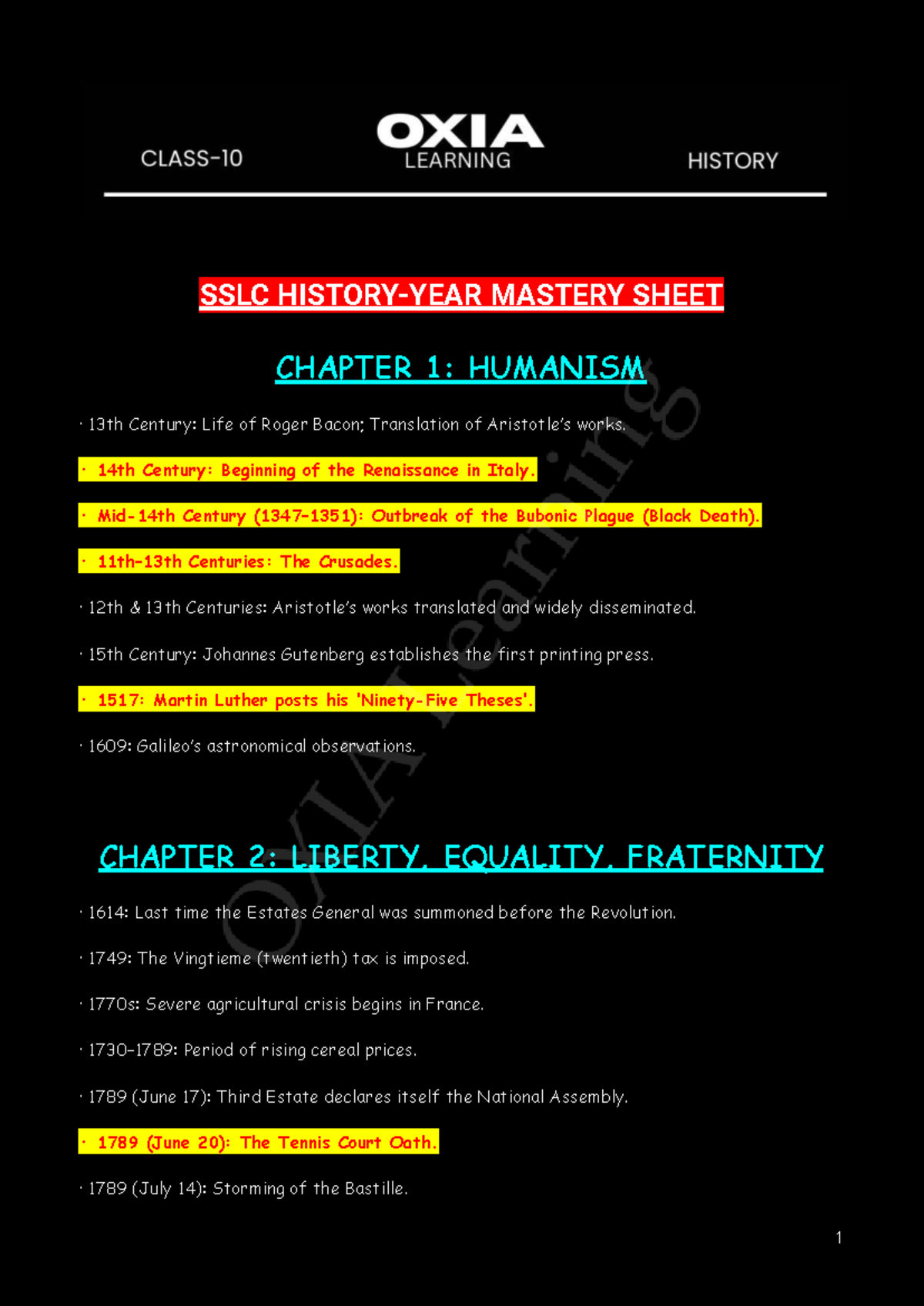 OXIA SSLC History Year Mastery Sheet: Key Events & Analysis - Studocu