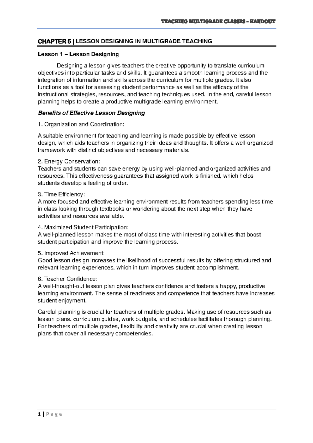 Teaching Multigrade Classes Handout: Chapter 5 - Lesson Design ...