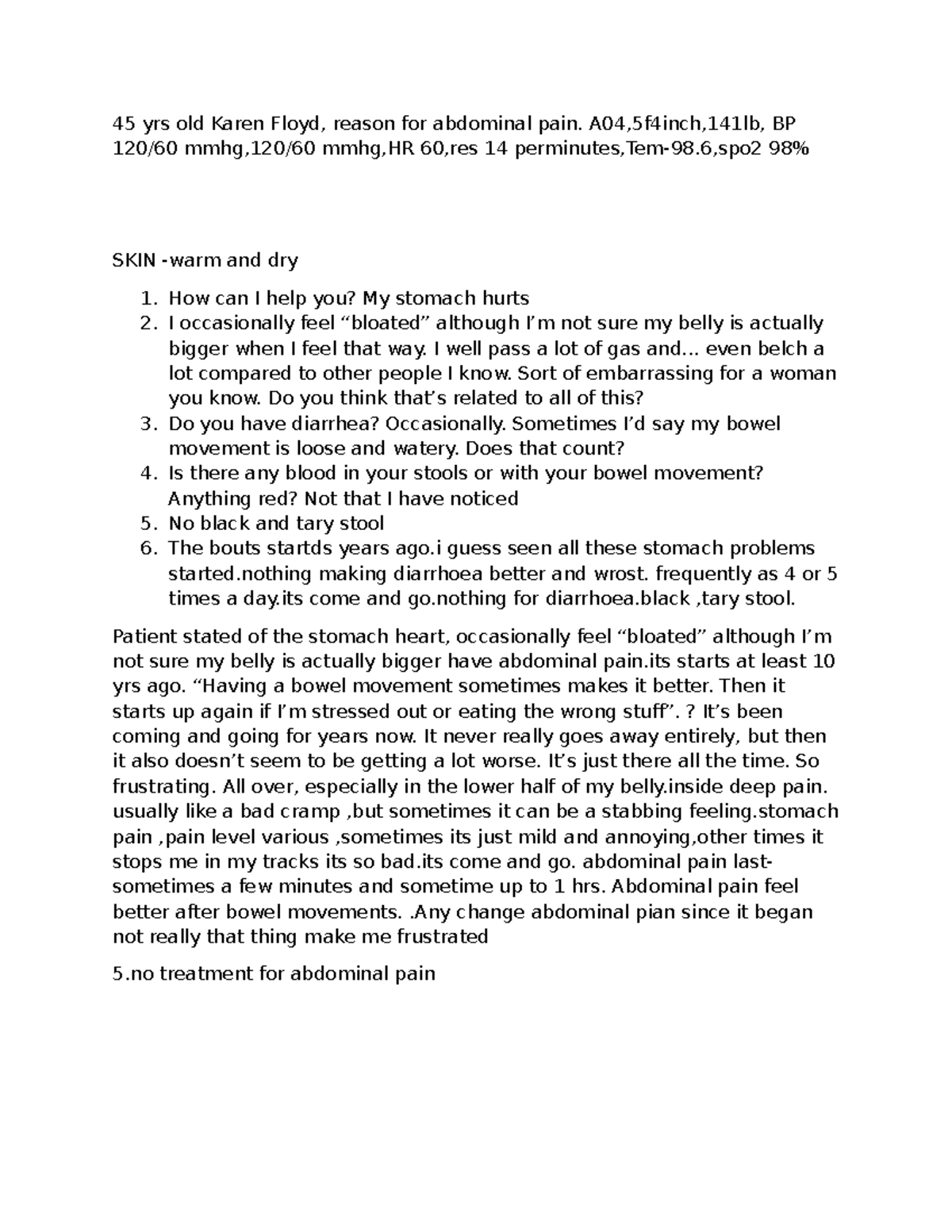 Week 5 iHuman Case Study: Abdominal Pain Assessment - Studocu