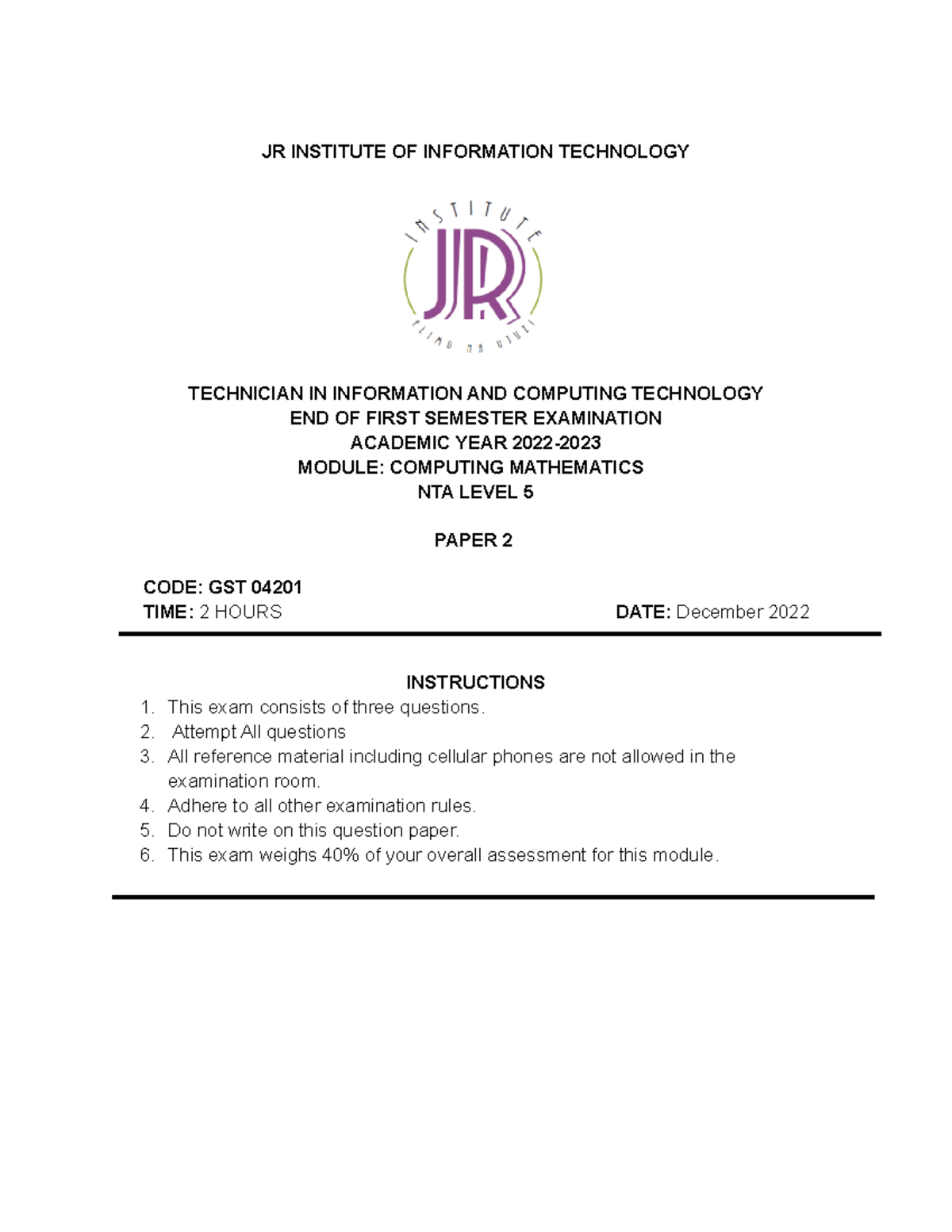 Computing Mathe FE paper 2 - JR INSTITUTE OF INFORMATION TECHNOLOGY ...