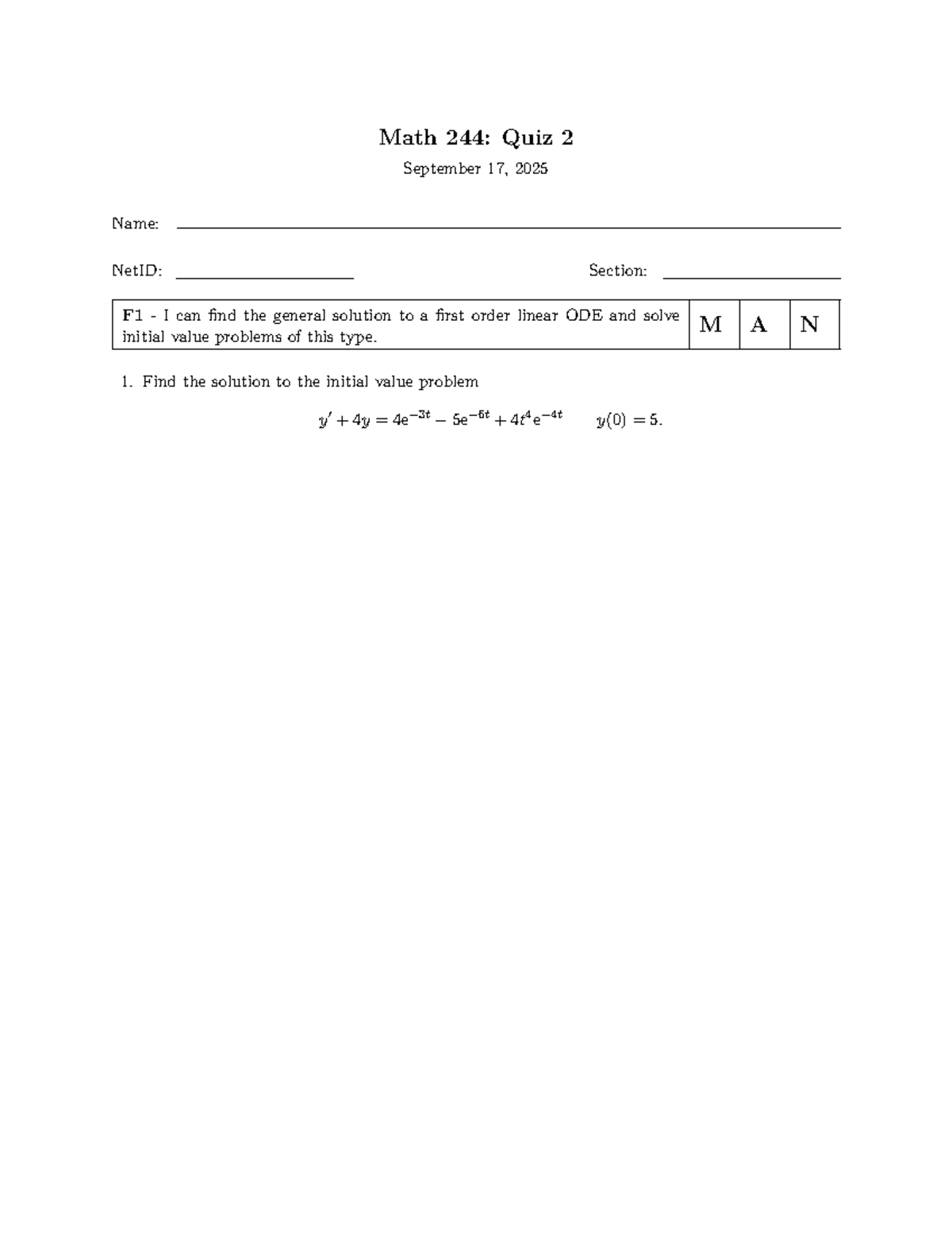 Math 244: Quiz 2 Solutions for ODEs and Initial Value Problems - Studocu