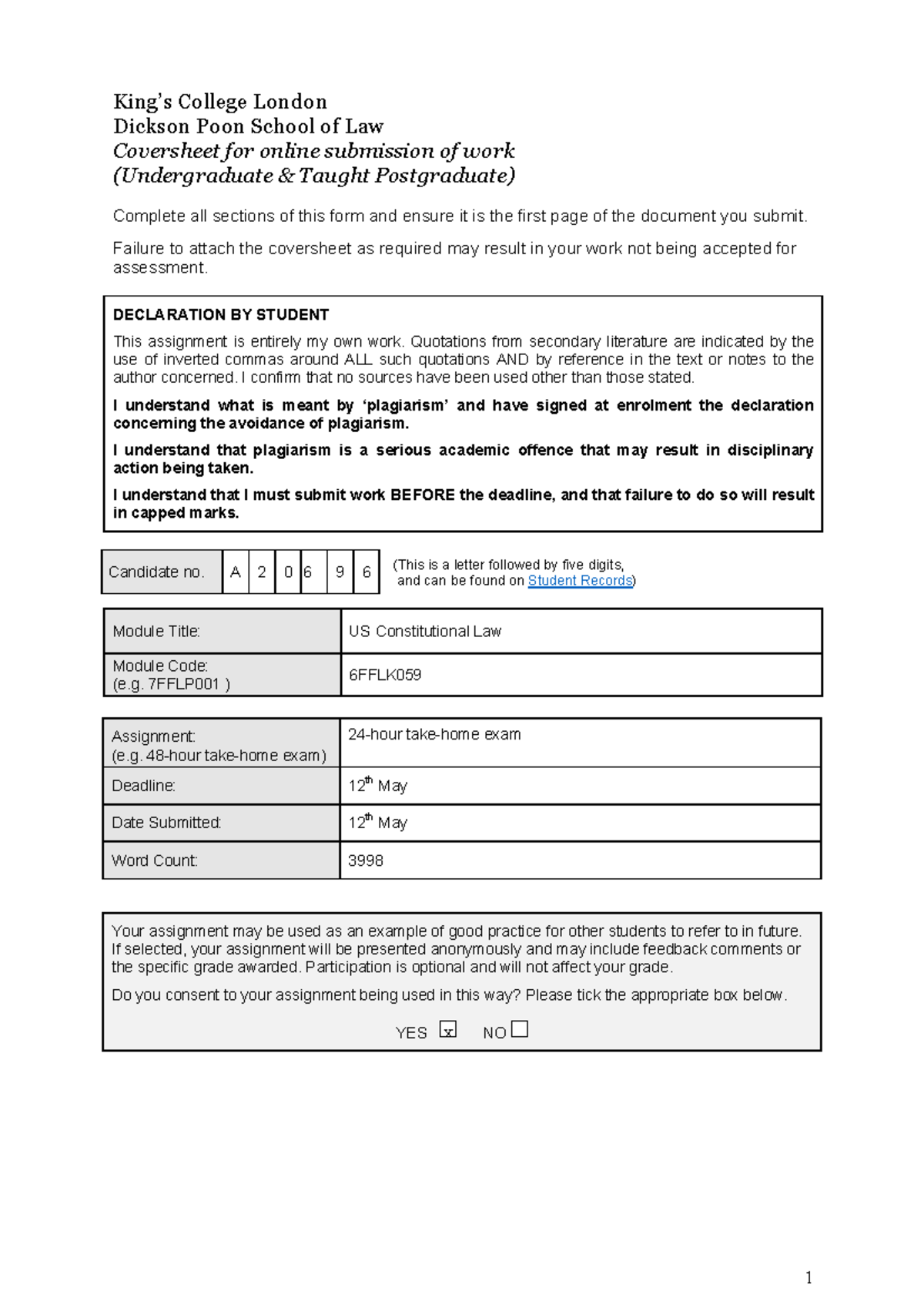 A20696 US Constitutional Law Exam Coversheet and Analysis - Studocu