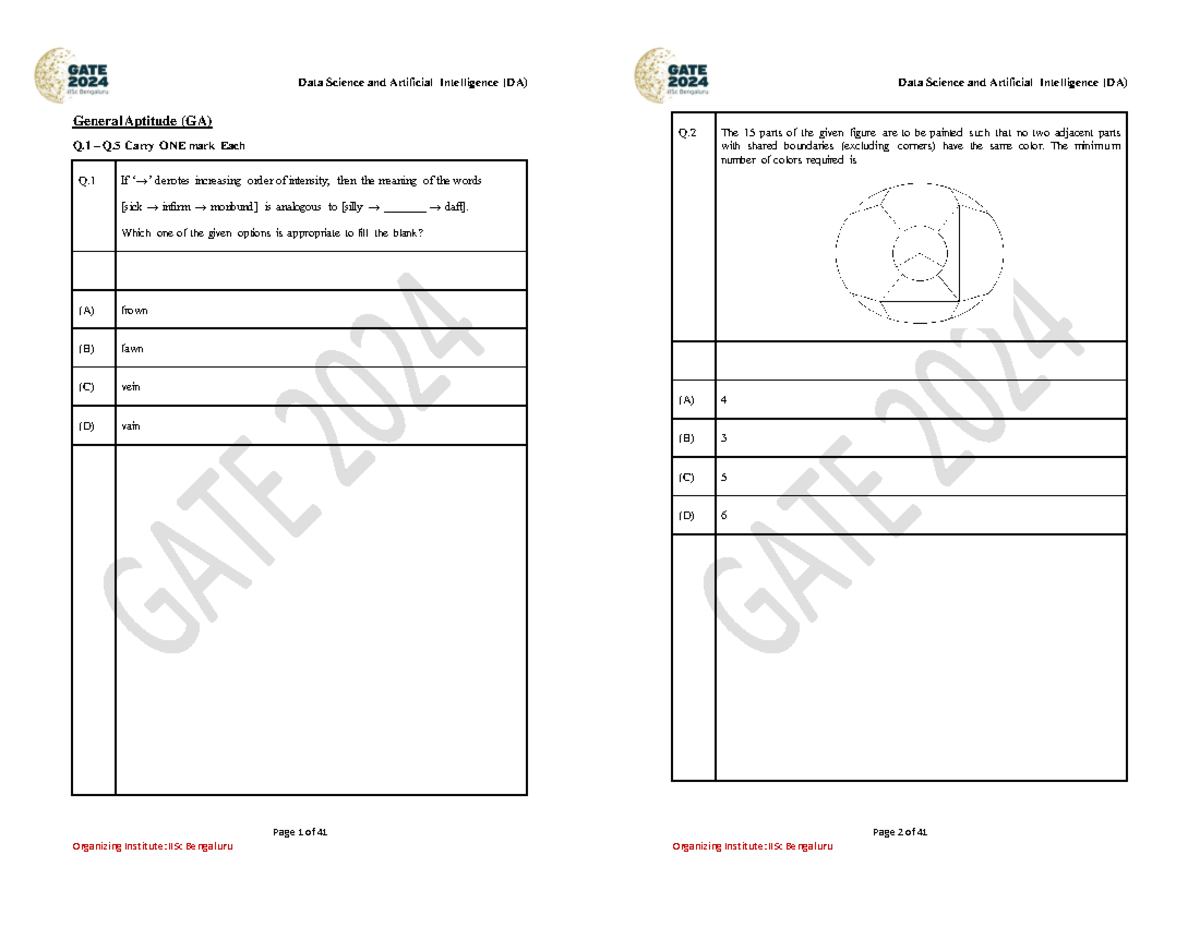 GATE DA paper 2024-25 - Page 1 of 41 General Aptitude (GA) Q – Q. 5 ...