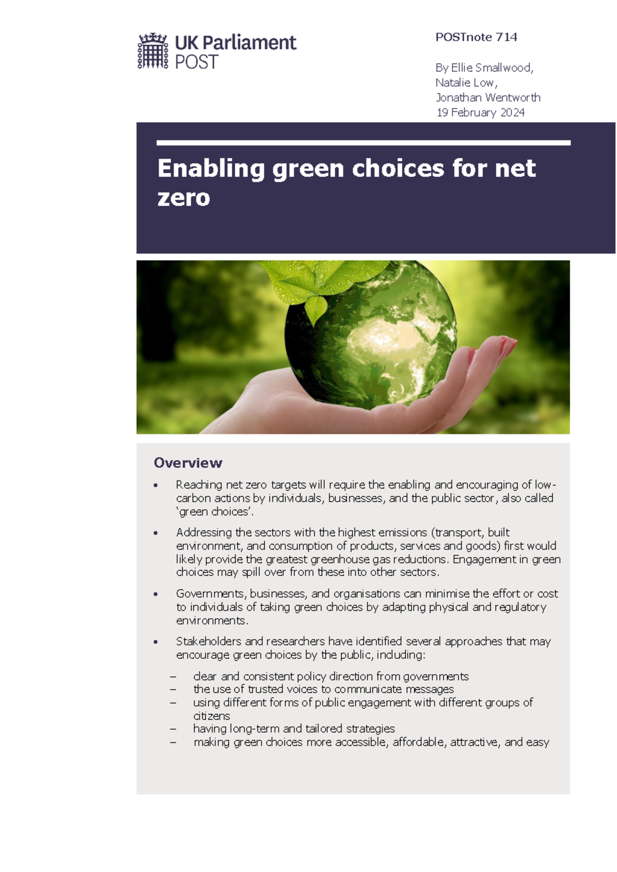 Example Policy Briefing Net Zero - POSTnote 714 By Ellie Smallwood ...