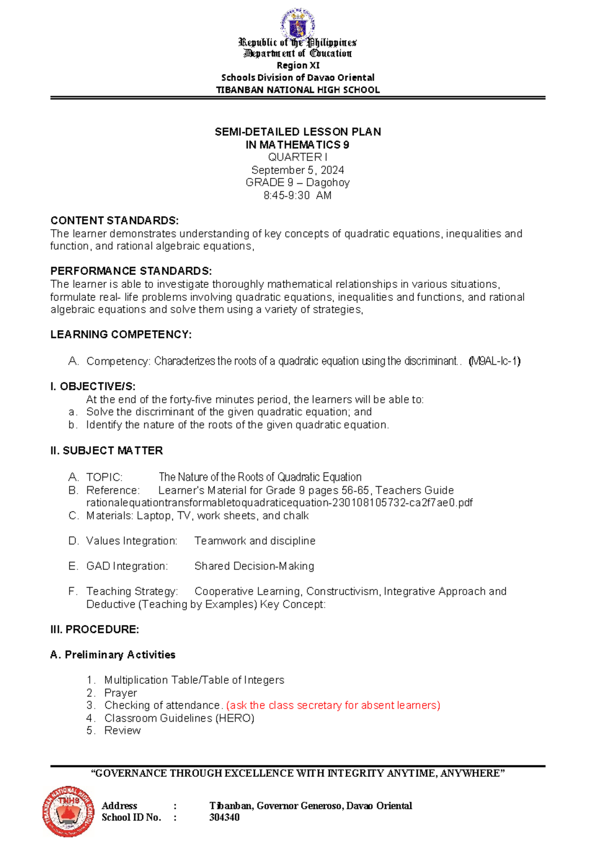 Semi-Detailed Lesson Plan in Mathematics 9: Quadratic Equation Roots ...