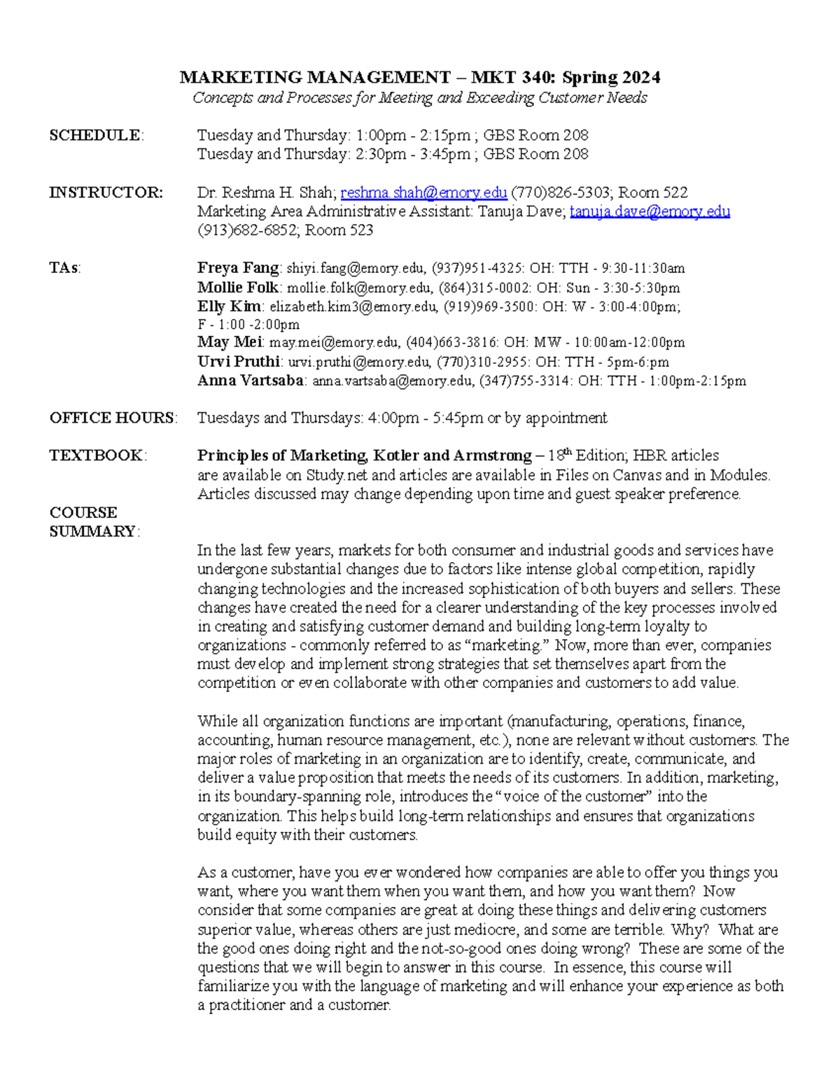 MKT 340: Marketing Management Syllabus for Spring 2024 - Studocu
