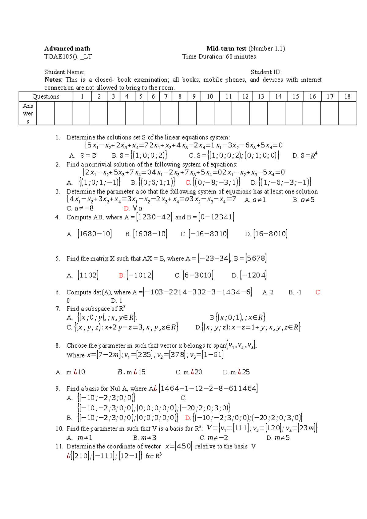 Advanced Math Midterm TOAE105: Test Number 1.1 - Studocu