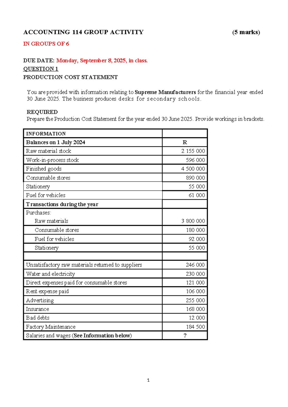 ACCOUNTING 114 GROUP ACTIVITY: PRODUCTION COST STATEMENT 2025 - Studocu