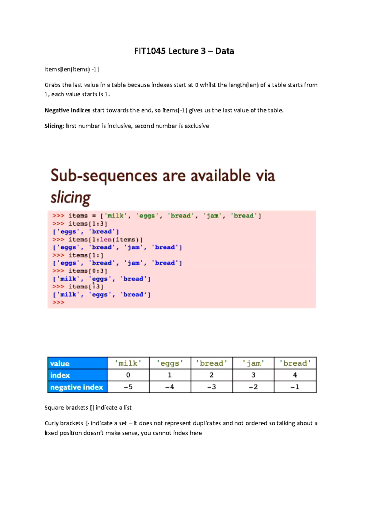 FIT1045 Notes - FIT1045 Lecture 3 – Data Items[len(items) -1] Grabs the ...