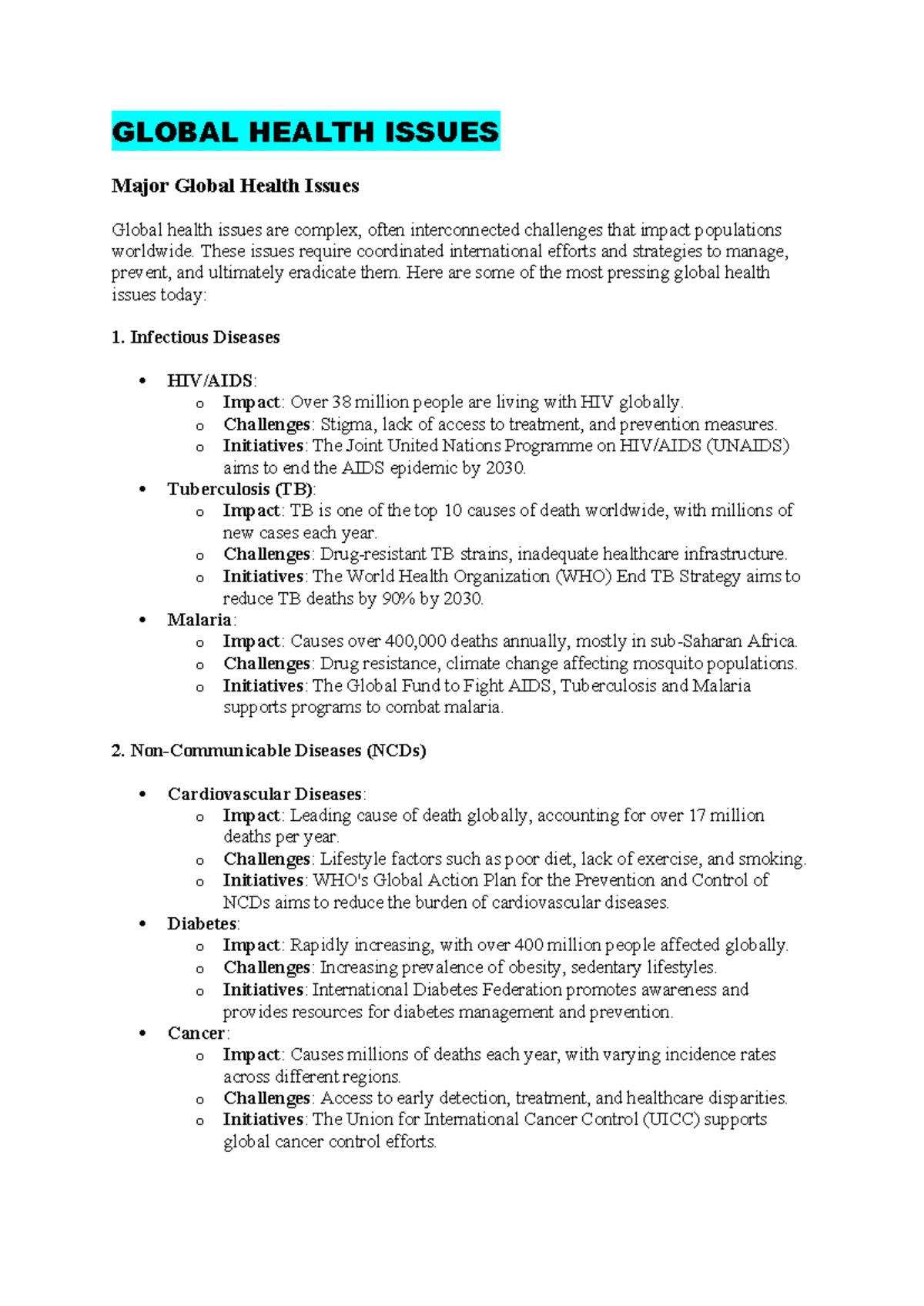 Global Health Issues Overview: Key Challenges & Strategies - Studocu