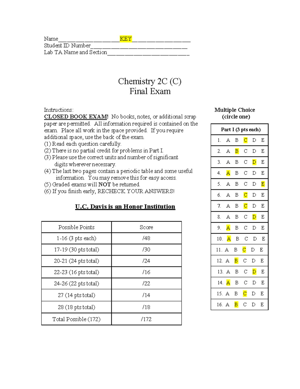 Chemistry 2C (C) Final Exam Instructions and Practice Test Key - Studocu