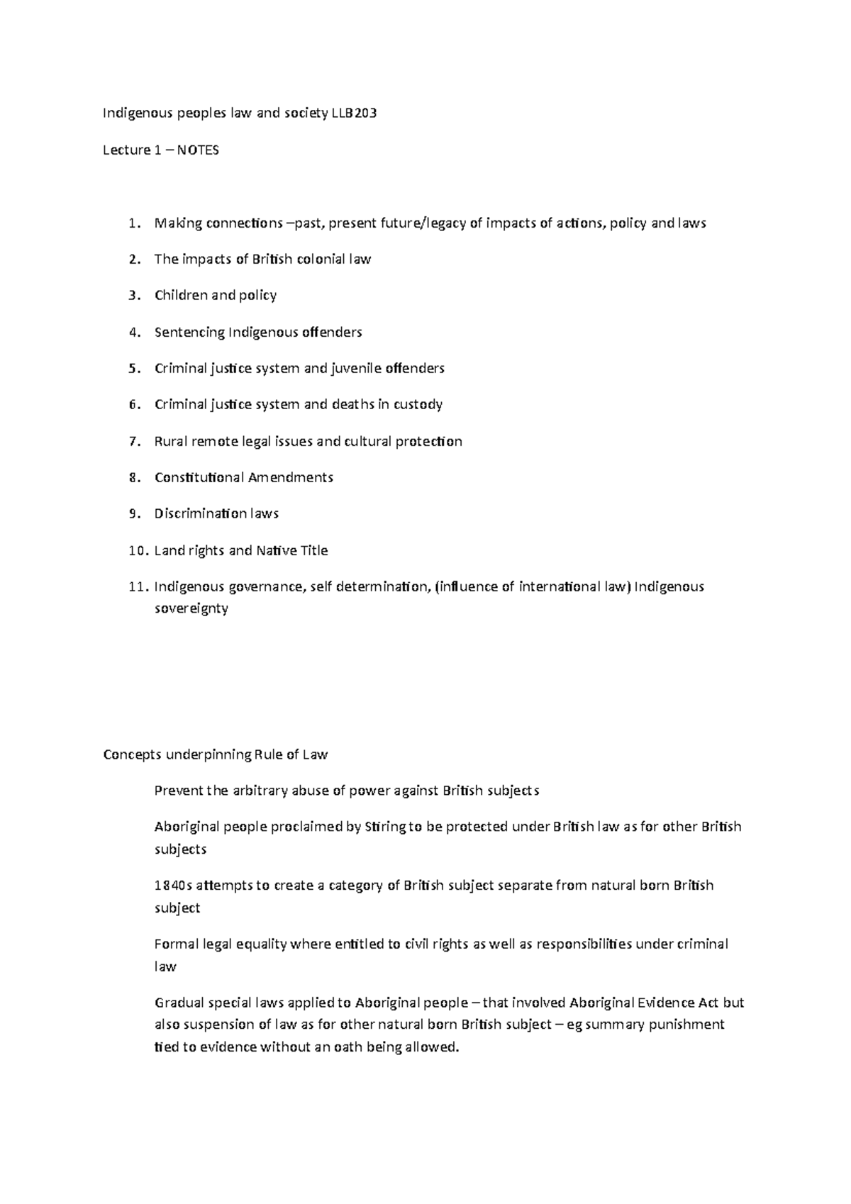 LLB203 notes lect 1 - Indigenous peoples law and society LLB203 Lecture ...