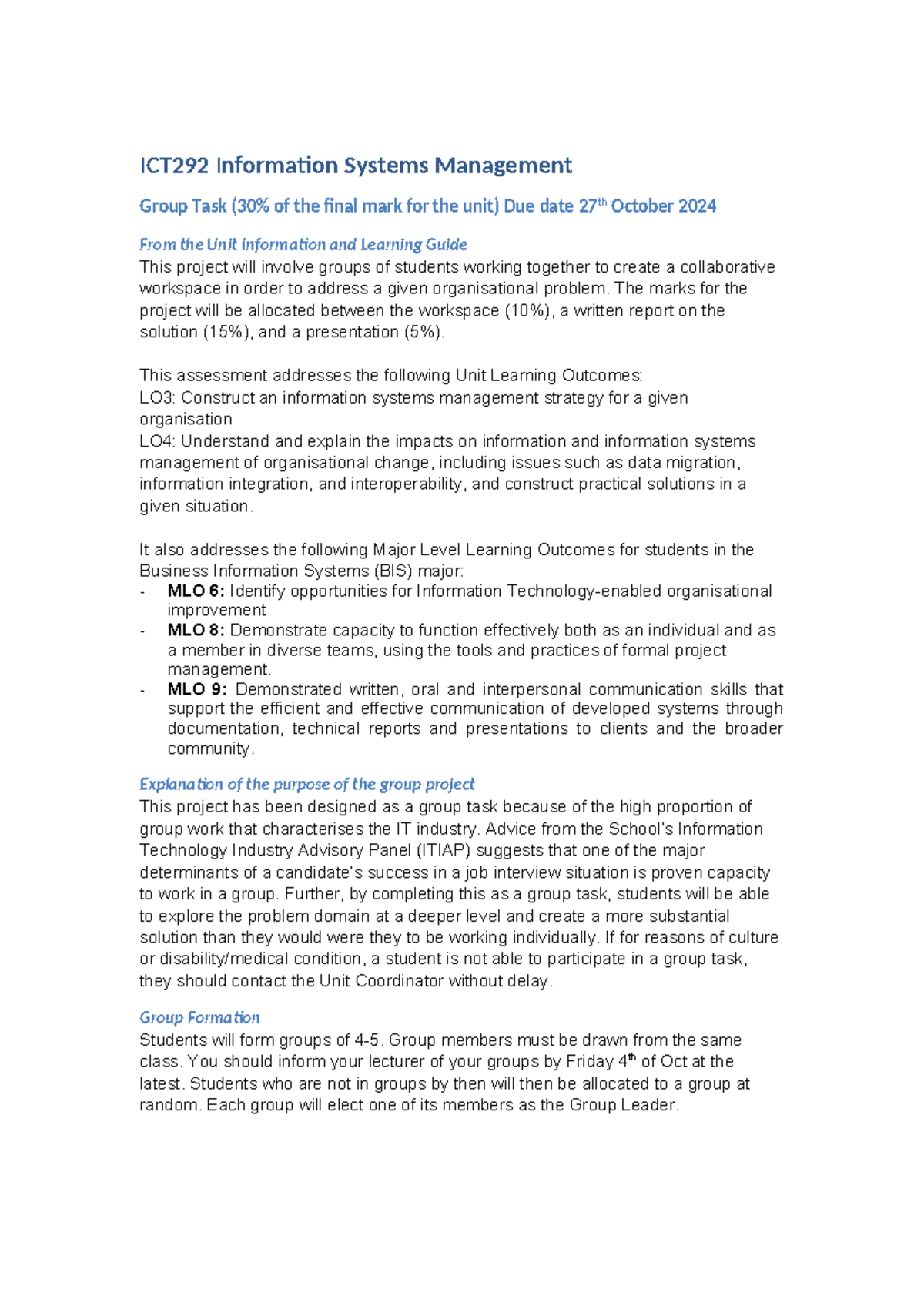 Group Task Information Sheet - ICT292 Information Systems Management ...