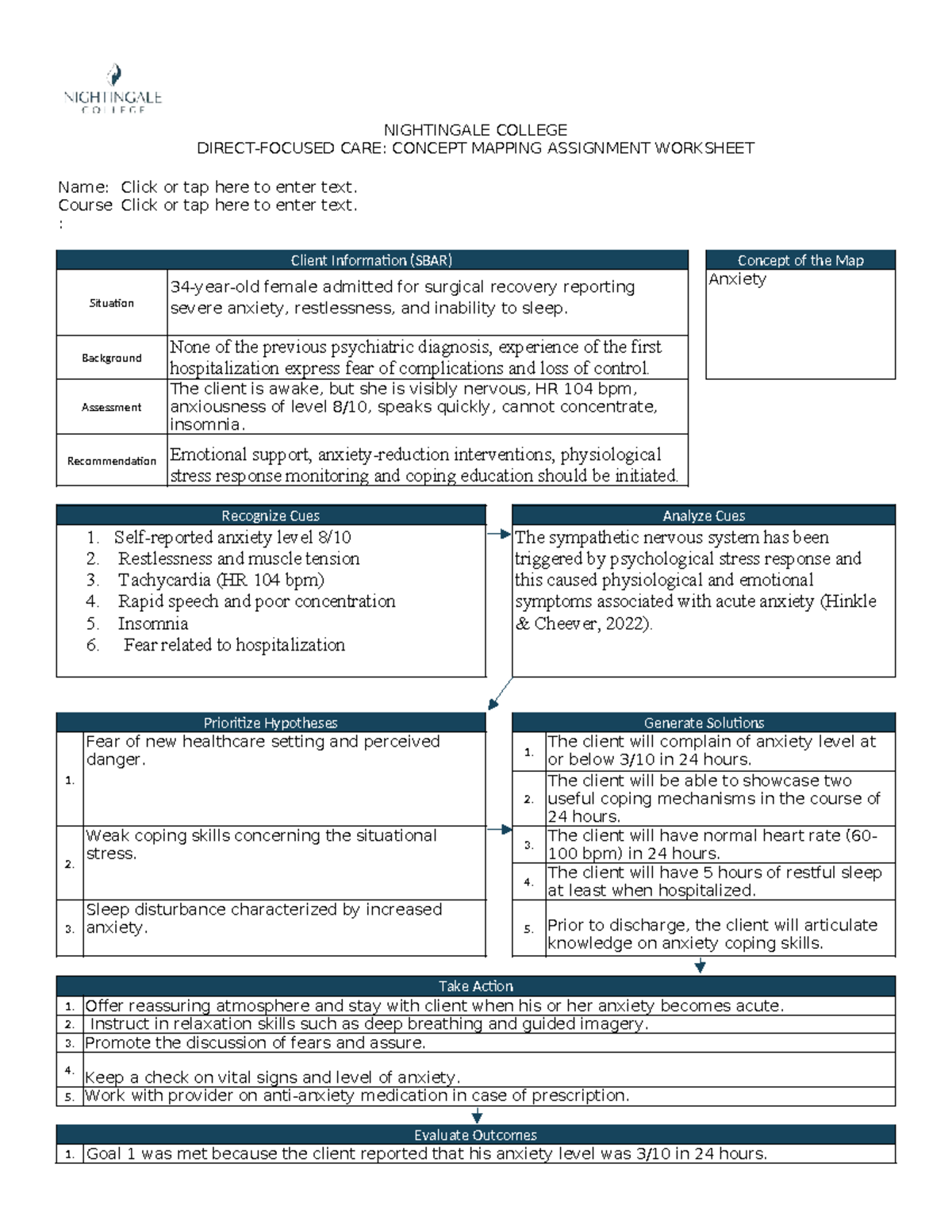 NIGHTINGALE COLLEGE CARE: CONCEPT MAPPING ASSIGNMENT WORKSHEET - Studocu