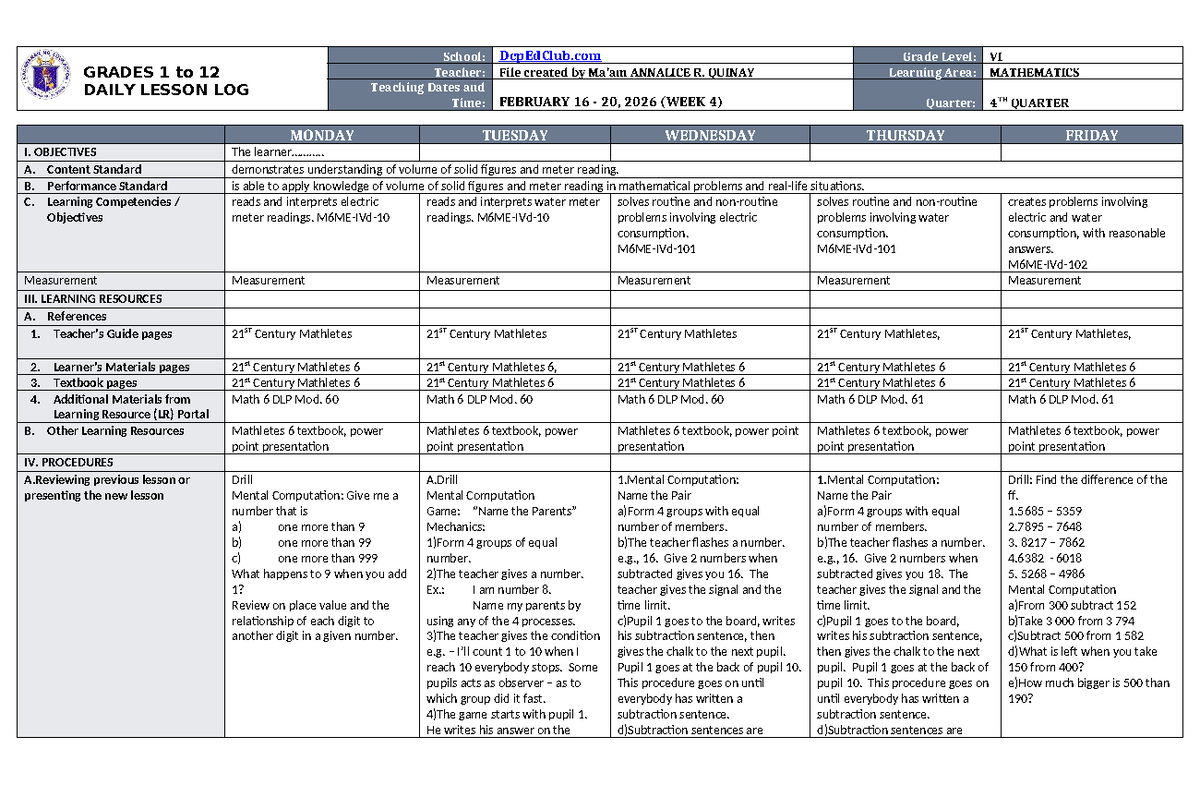 DTC DLL Mathematics 6 Q4 W4: Daily Lesson Log on Volume & Meter ...