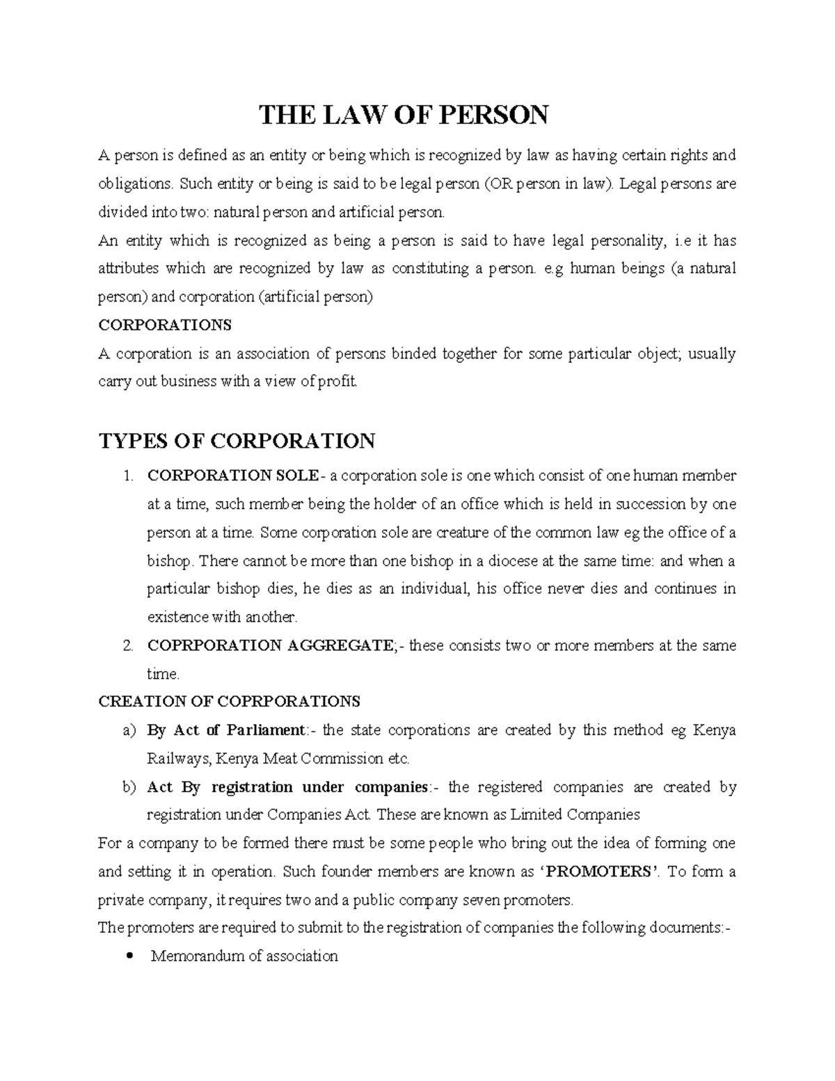 LAW OF PERSON: Legal Definitions, Corporations, and Succession (LAW 101 ...