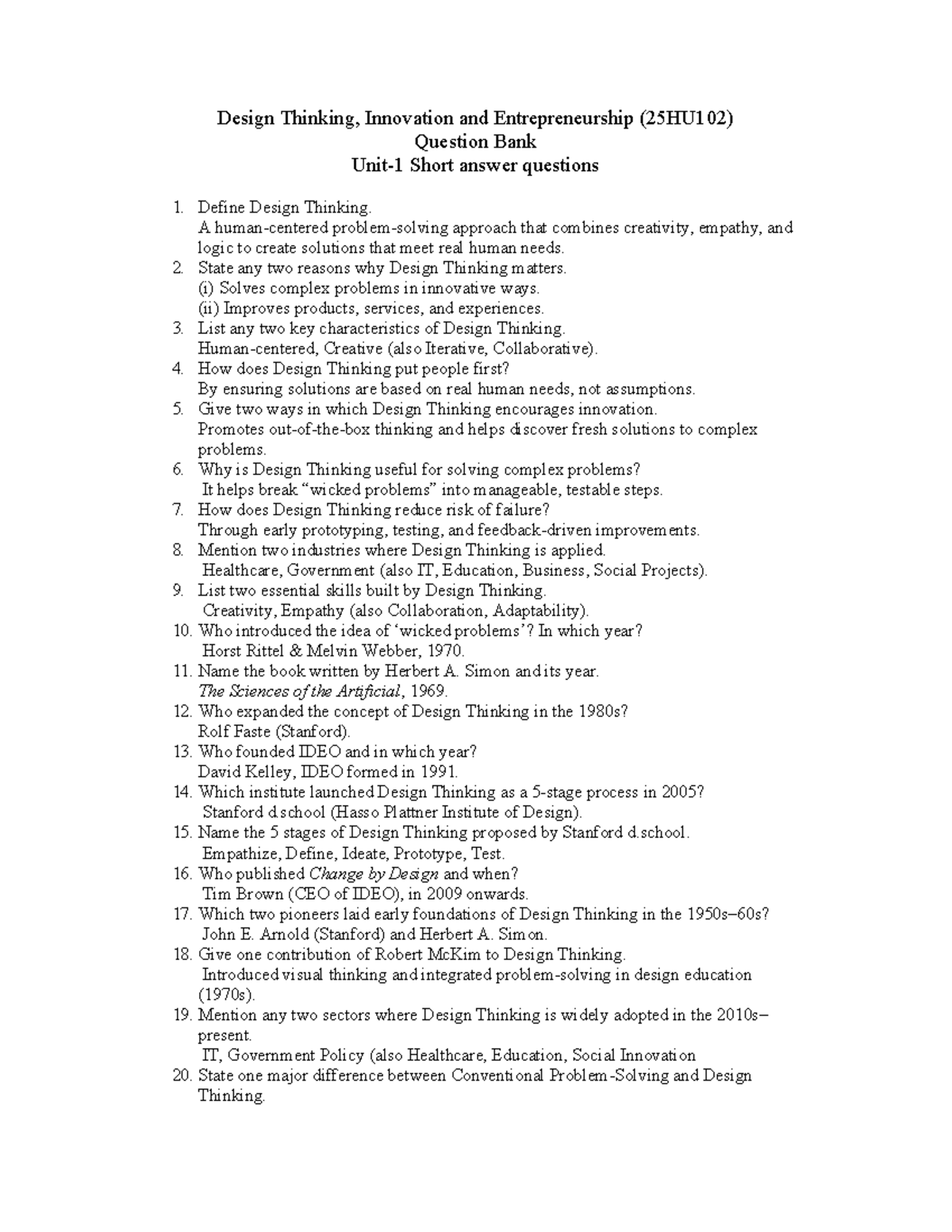 Design Thinking, Innovation & Entrepreneurship (25HU102) Q. Bank - Studocu