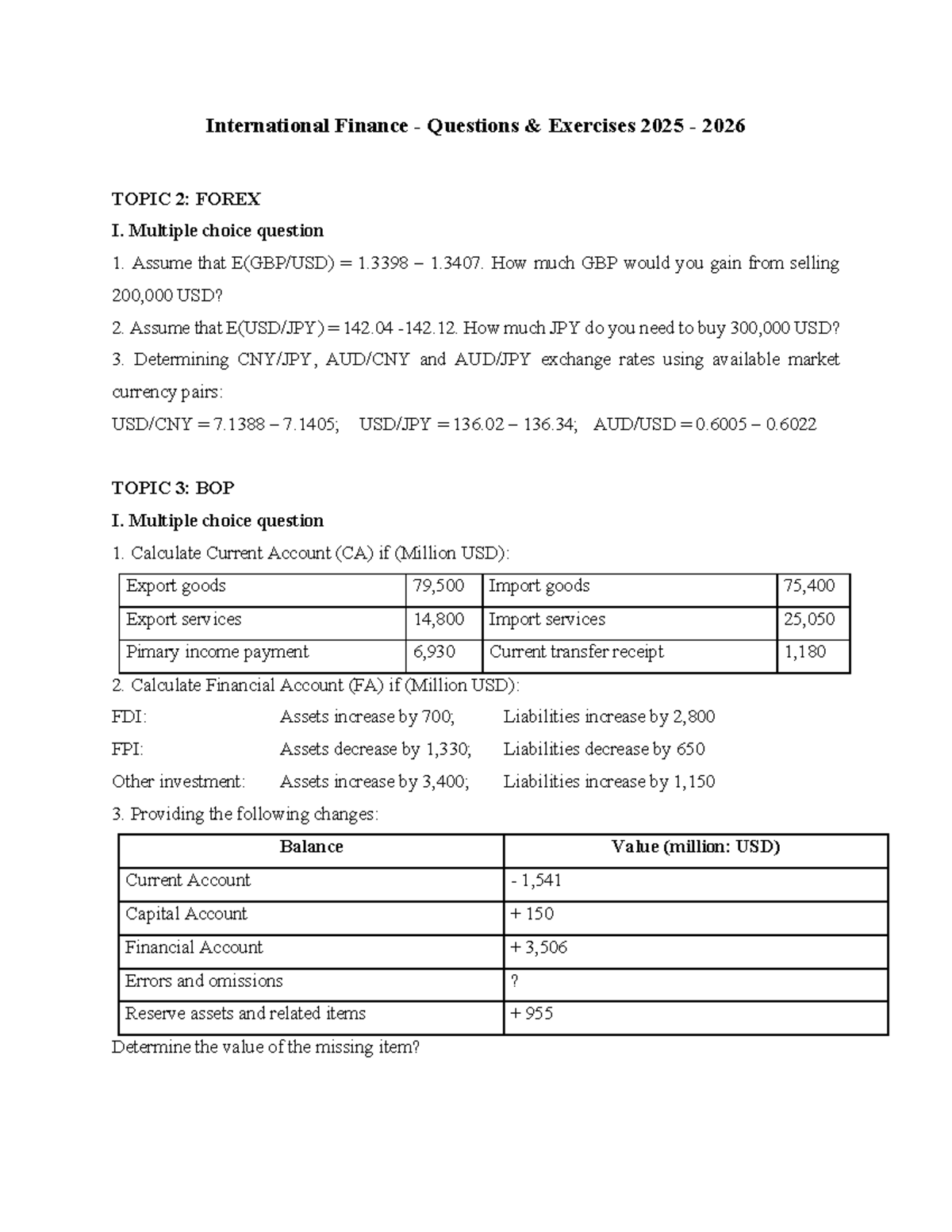 International Finance Questions & Exercises 2025-2026 - Studocu