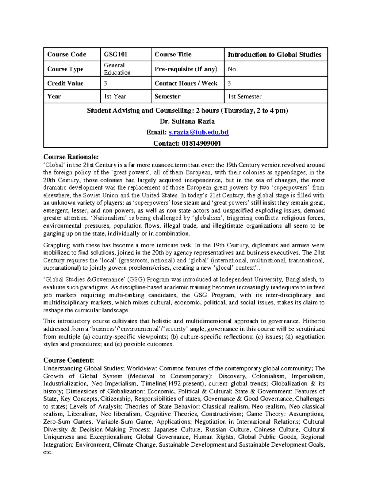 GSG101 Introduction to Global Studies Course Outline - Studocu