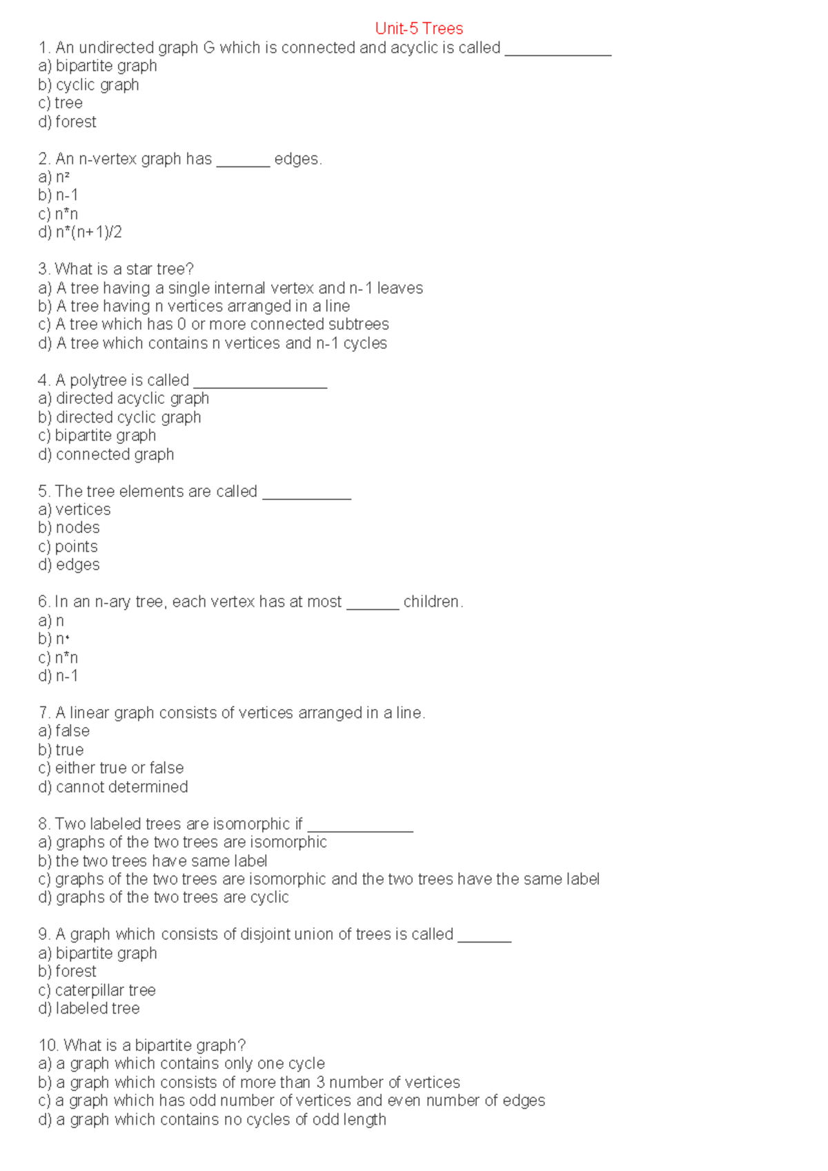 Unit 5 MCQ - DSA: Trees and Graph Theory Concepts - Studocu