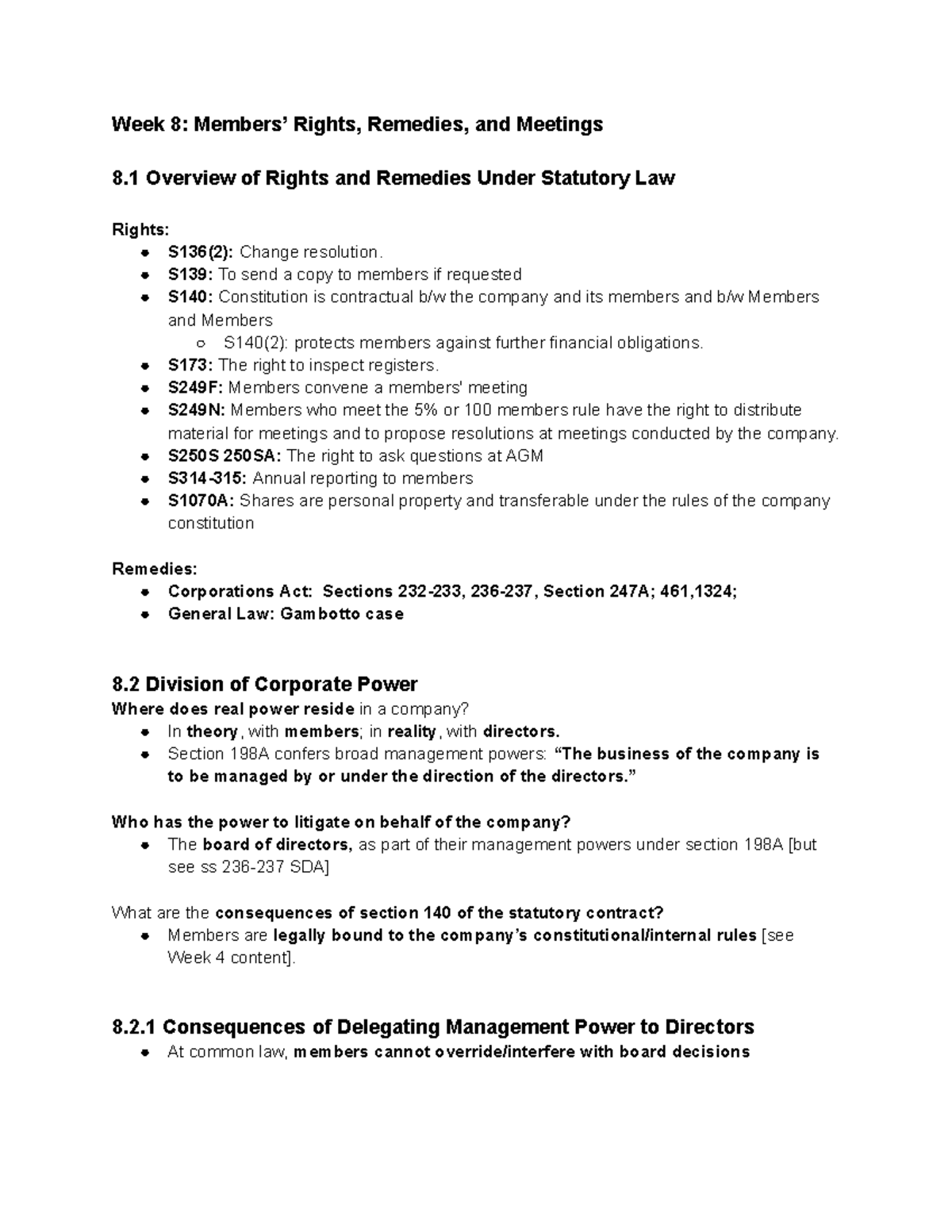 TABL2741 Week 8: Rights, Remedies, and Corporate Meetings Overview ...