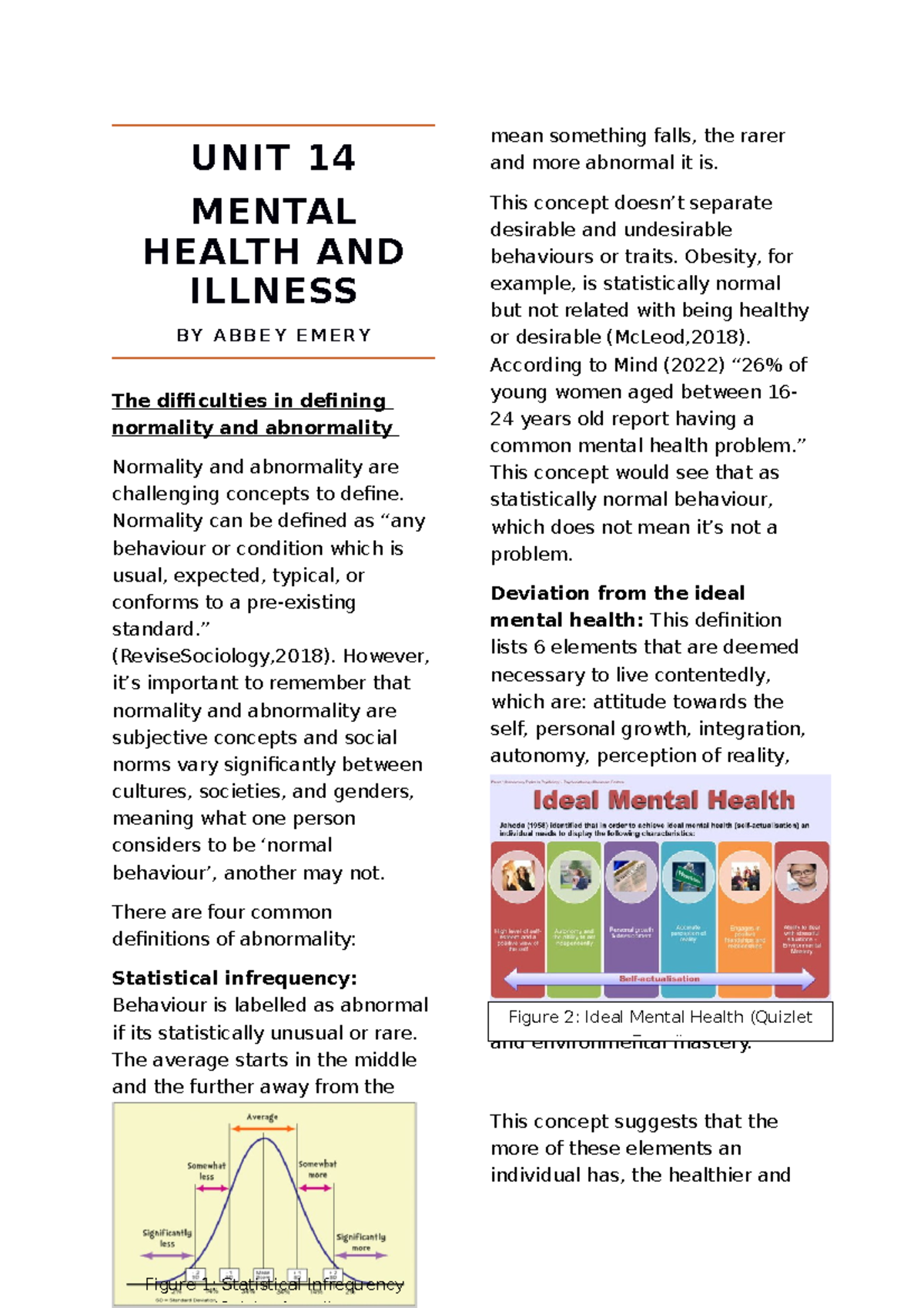 Unit 14 - Understanding Mental Health and Illness Concepts - Studocu