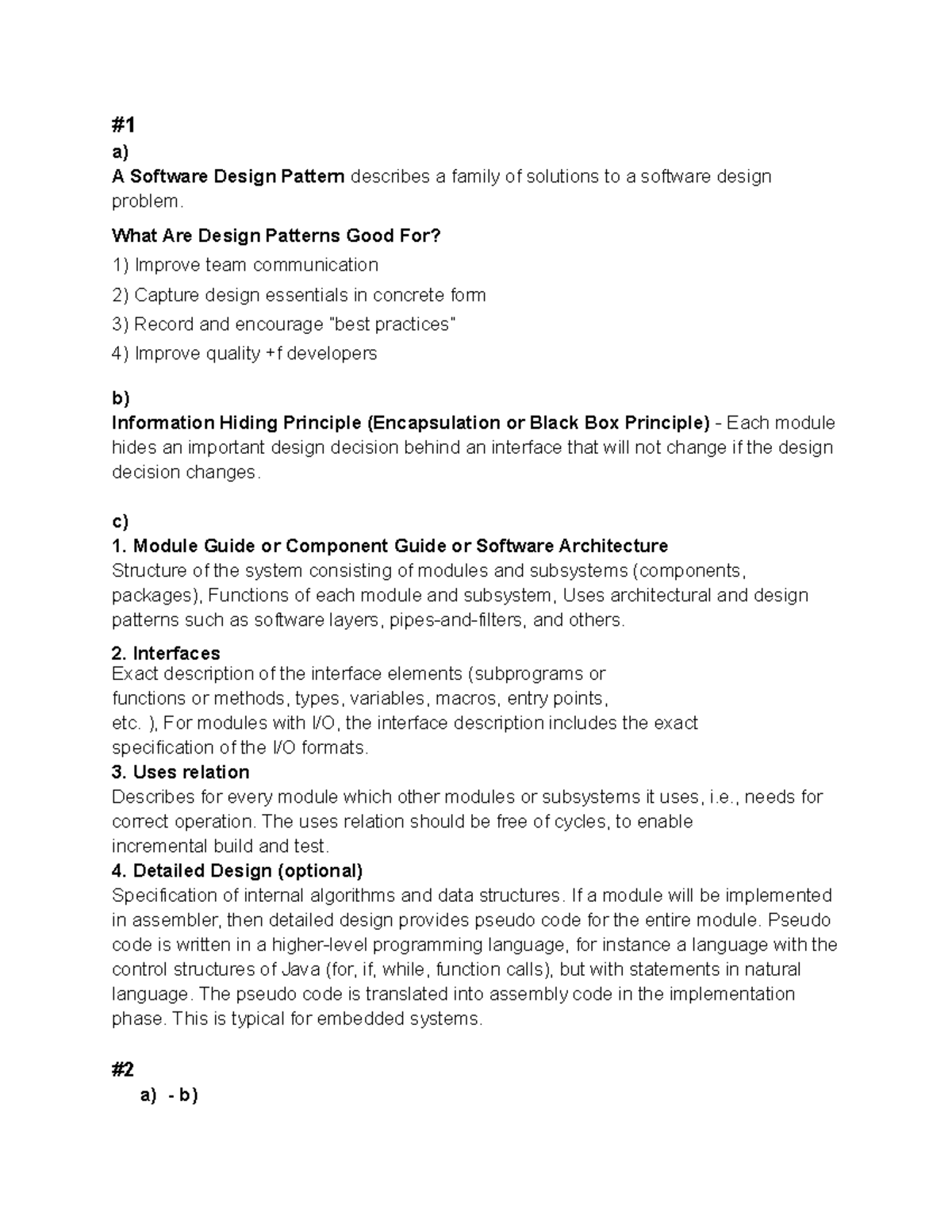 Final Answers - a) A Software Design Pattern describes a family of ...