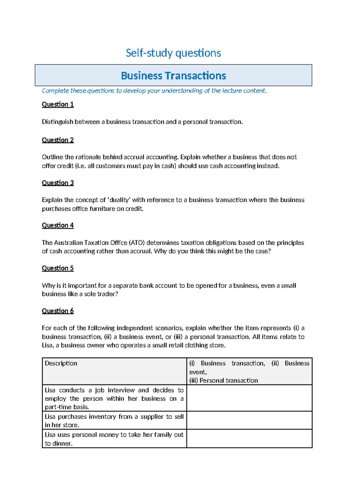 Topic 3 Self-study questions - Self-study questions Business ...