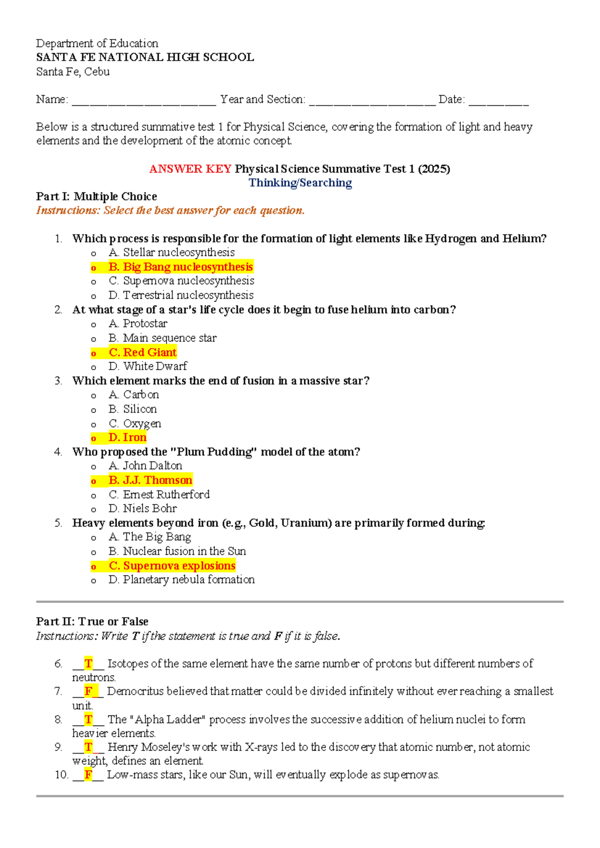Physical Science Summative Test 1 (2025) Answer Key: Elements & Atomic ...