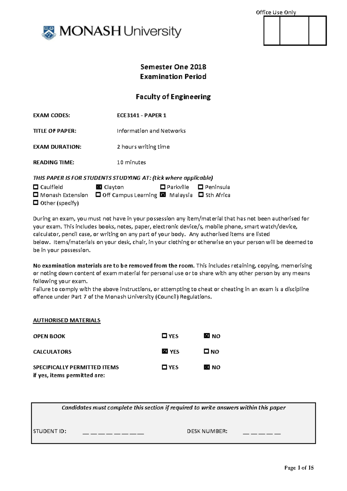 ECE3141 2018 Final Exam: Information and Networks Paper 1 - Document Preview