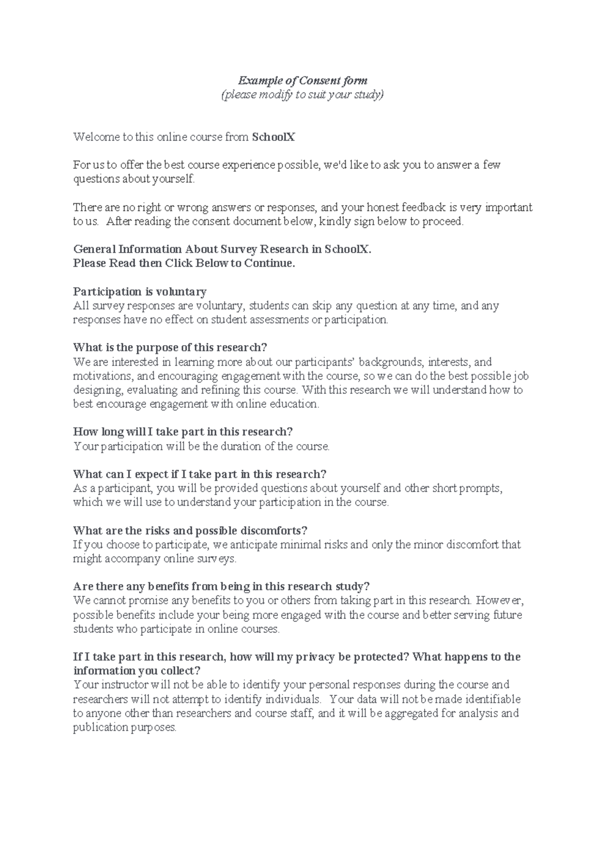 Consent Form Example for Social Research - SchoolX Course - Studocu