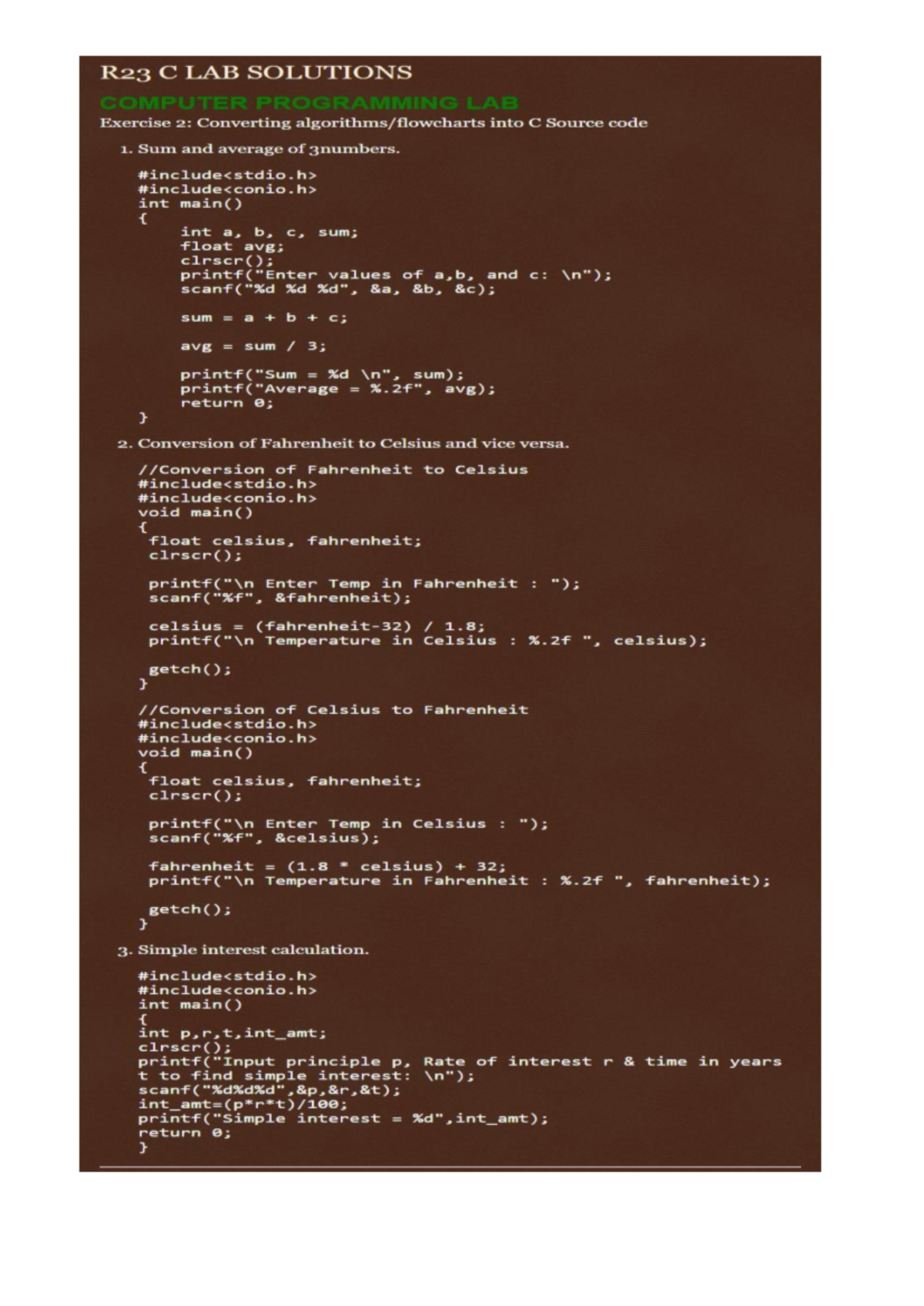 R23 CLAB SOLUTIONS: C Programming Lab Exercises and Code Examples - Studocu