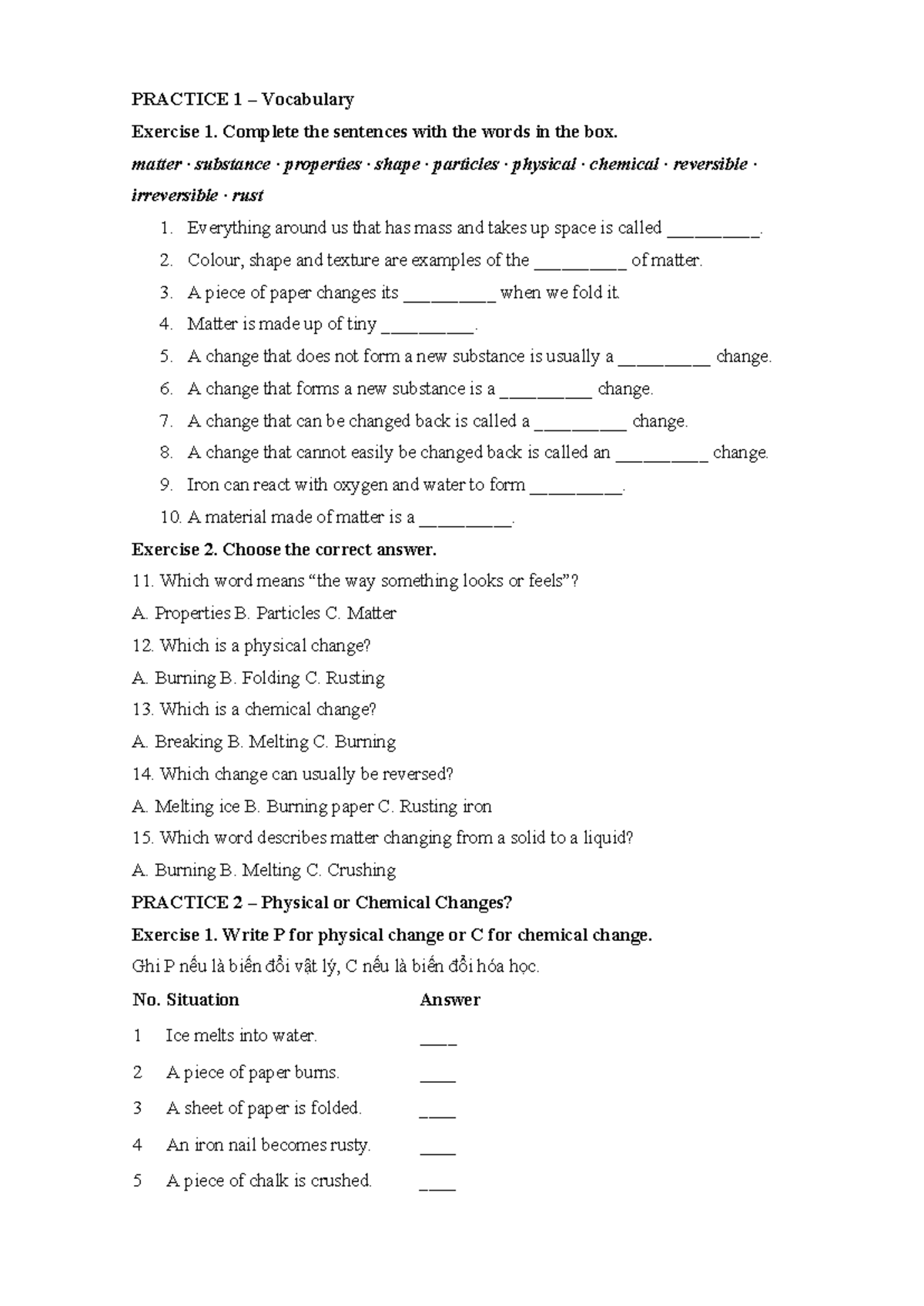 Science L5 Vocabulary & Changes: Physical, Chemical, Reversible ...