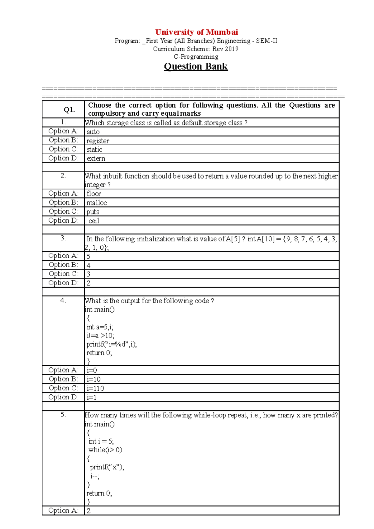 Question Bank for C-Programming (CP) - Semester II Exam Prep - Studocu